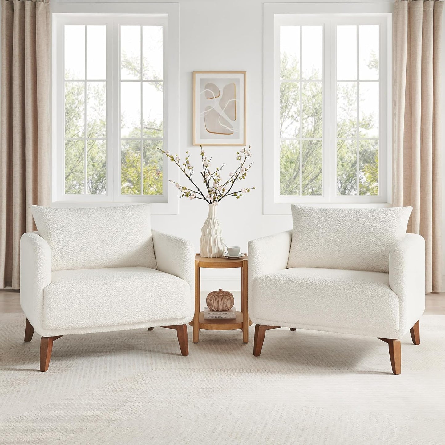 Oversized Accent Chair Modern Boucle Armchair for Living Room Sets of 2, 37" Wide & Cozy Reading Chair with Solid Wood Legs, White Upholstered Lounge for Bedroom & Office, (Easy Assembly)