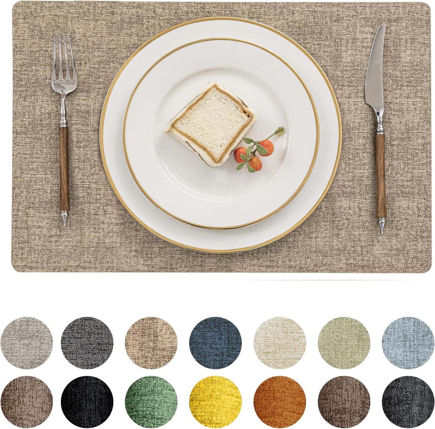 Romanstile Vinyl Placemats Set of 4-12 X 18 Inch - Heat Resistant Place Mats 100% Waterproof Oilproof Wipeable Reversible Faux Leather Table Mats for Kitchen/Dining/Party/Outdoor, Khaki