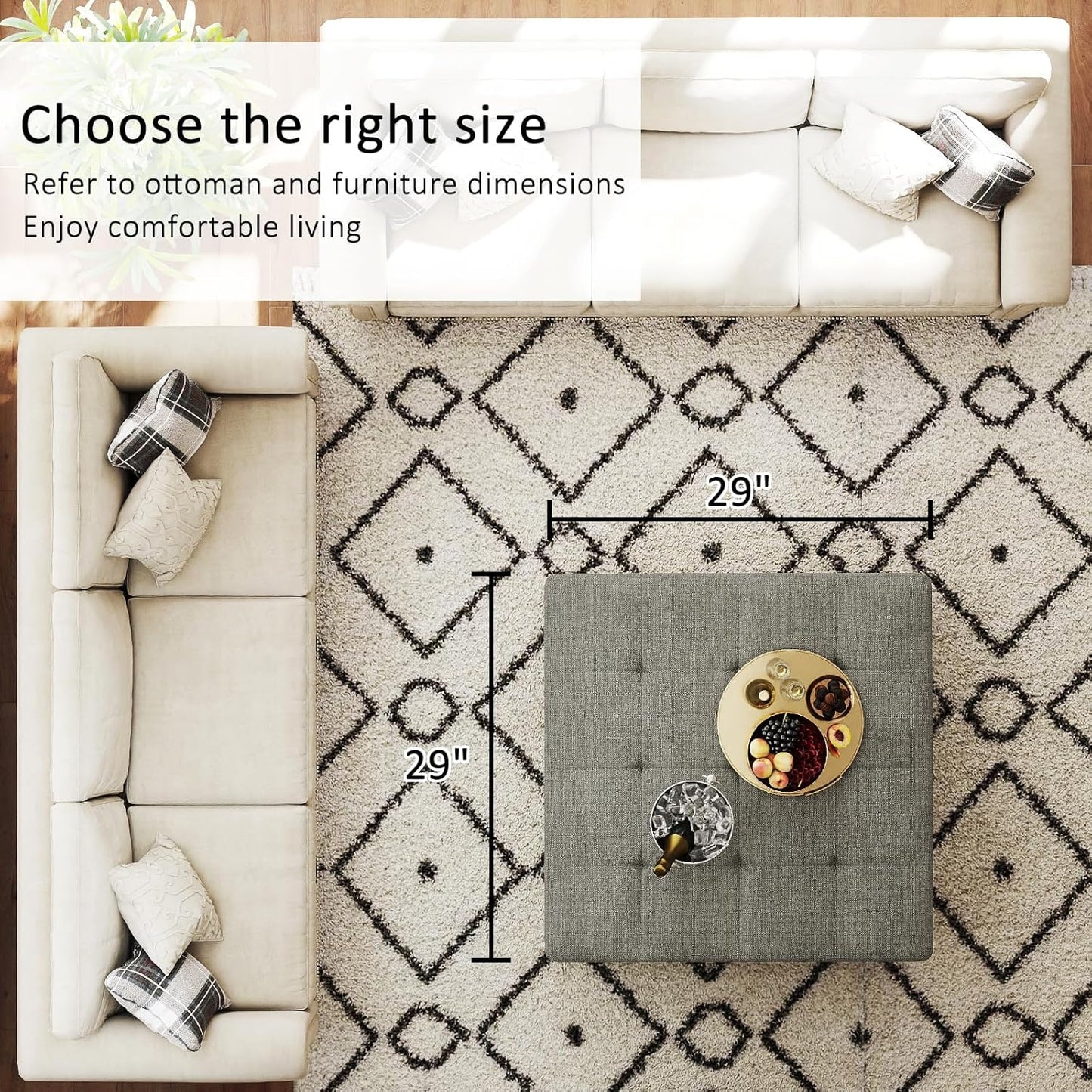 Large Square Ottoman Coffee Table, Linen Solid Upholstered Footrest Ottoman with Solid Wood Shelf Storage Tufted Coffee Table for Bedroom Living Room, Granite