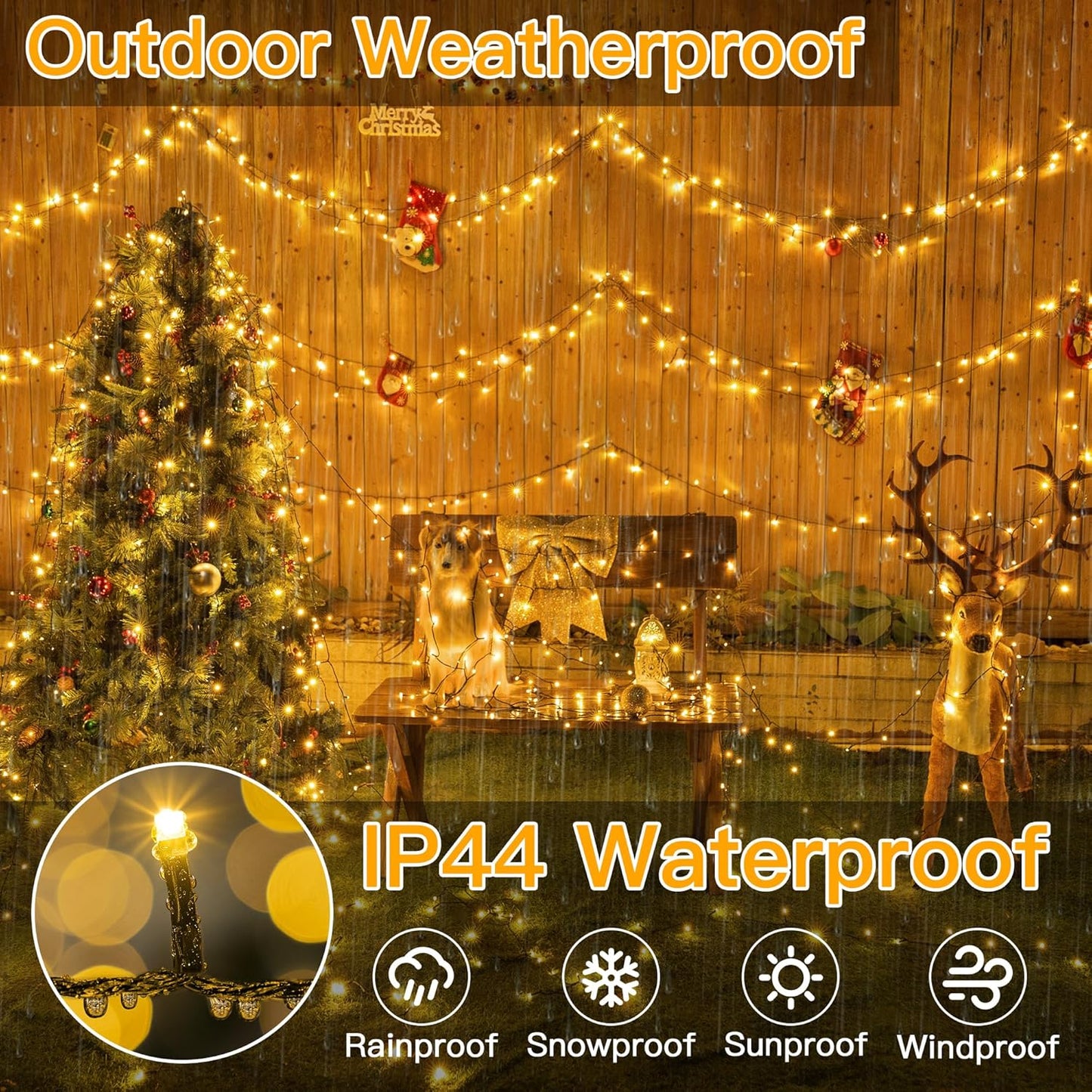 Ollny Christmas Lights, 500LED 164FT Long Christmas Tree Lights with 8 Modes Remote Timer IP44 Waterproof, Outdoor Christmas Lights for Tree House Yard Outside Xmas Decorations Warm White