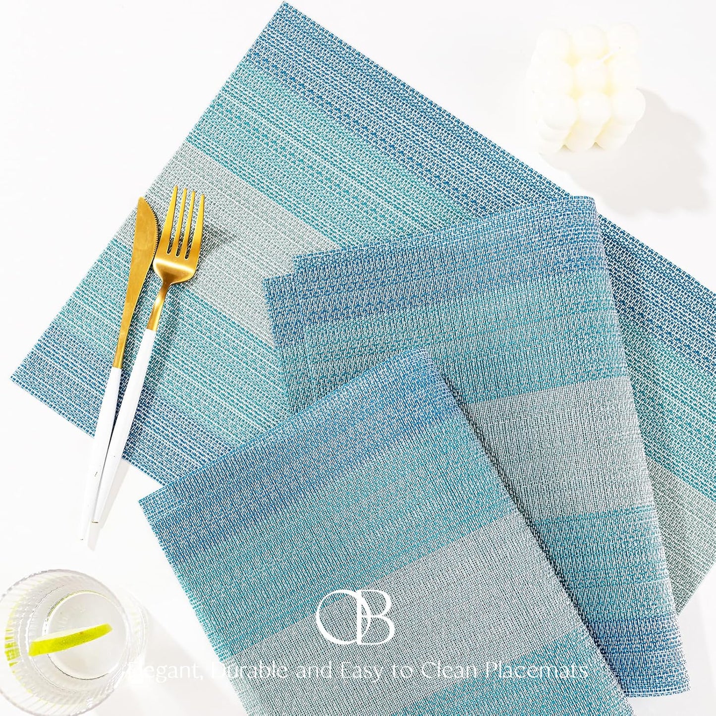 Placemats Set of 4 - Easy Clean Woven Vinyl Placemats for Dining Table, Indoor/Outdoor Place Mats, Washable PVC Table Mats（Ocean Geode）
