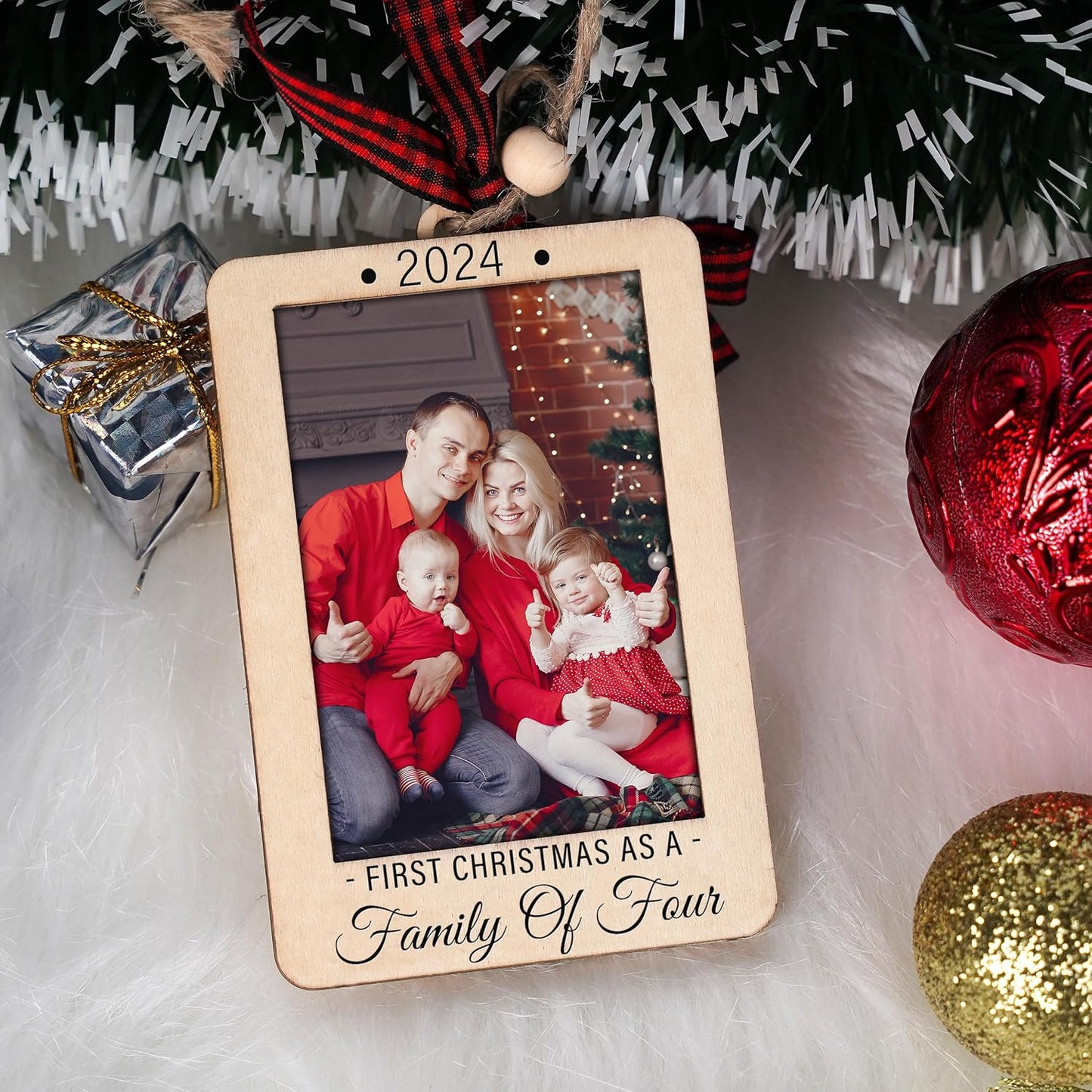 Christmas Photo Frame Ornament, 2025 Ornament, Wooden Picture Frame Ornaments With Hanging String (Family of Four)