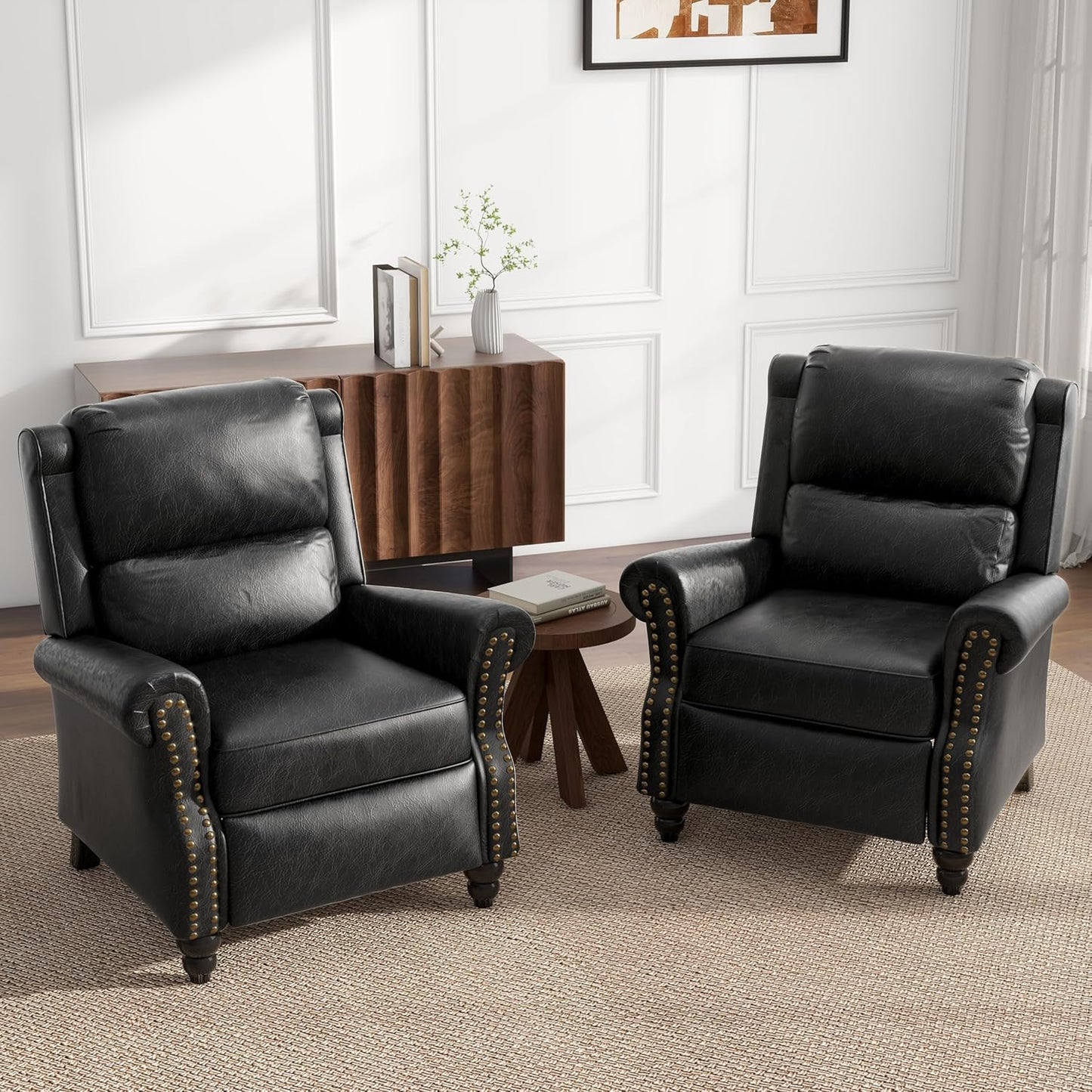 UIXE Pushback Recliner Chairs Set of 2, PU Leather Armchair Push Back Accent Chair, Rivet Trim Club Chair Home Theater Overstuffed Single Sofa Reading Seat for Living Room, Black