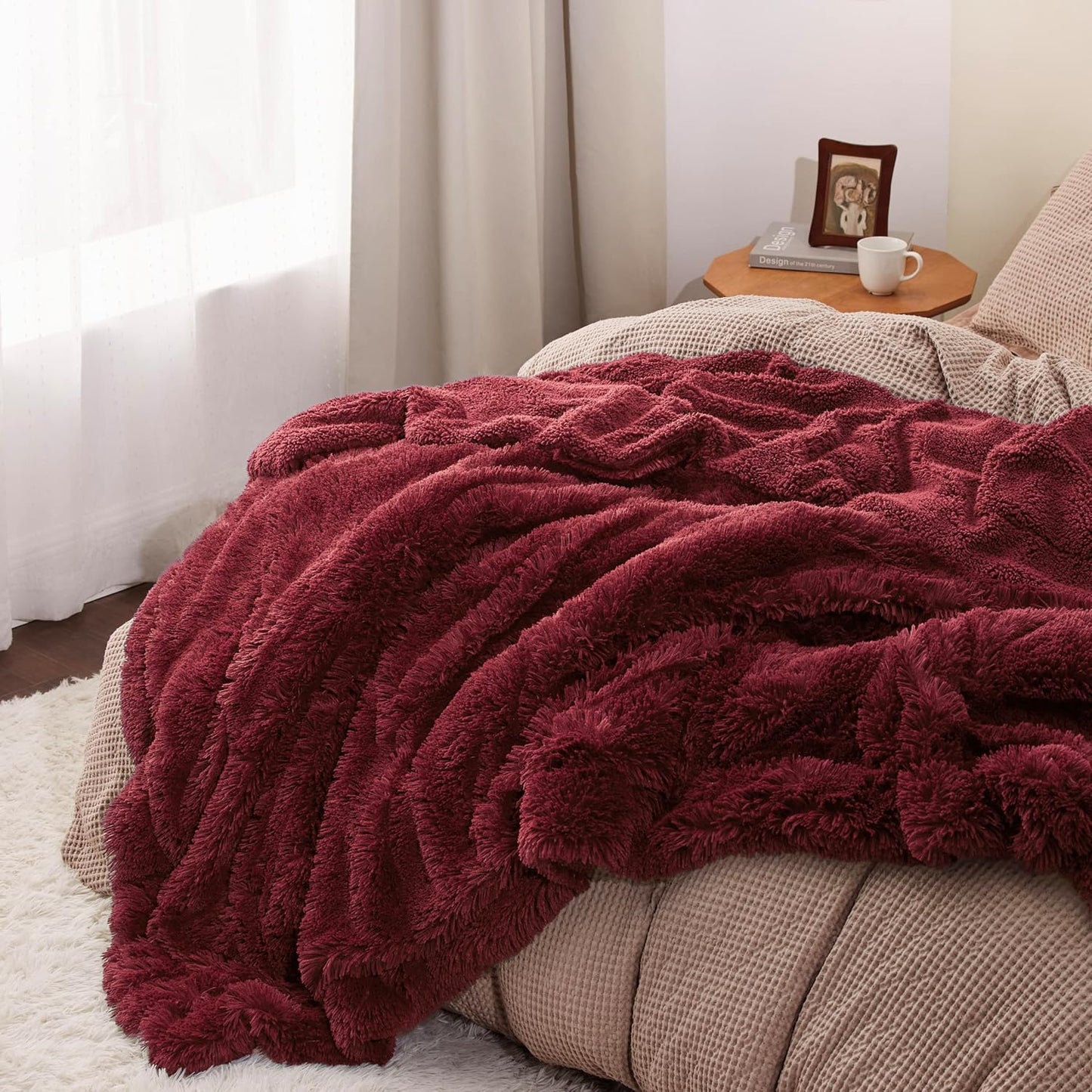 Bedsure GentleSoft Fluffy Burgundy Red Blankets Queen Size for Bed, Thick Sherpa Faux Fur Fleece Fuzzy Plush Winter Warm Soft Full Queen Blankets, Bedroom Decor Red Cozy Gifts for Women Men, 90x90