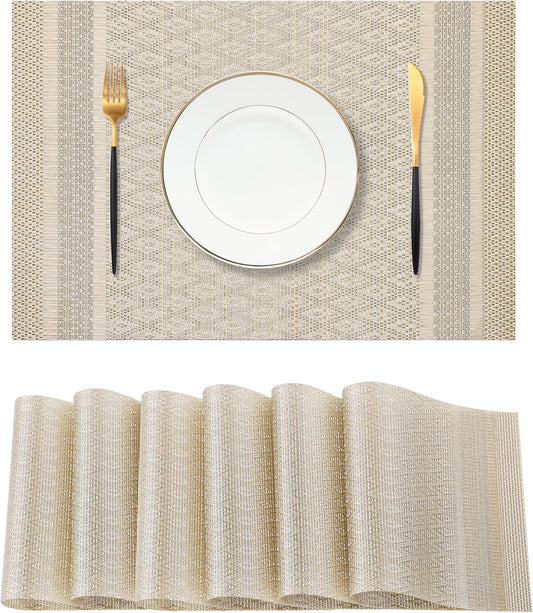 Leetaltree Stardust Yellow Placemats Set of 6 - Heat Resistant Non-Slip Place mats for Dining Table, Washable Durable PVC Vinyl Woven Table Mats（Stardust Yellow, 6）