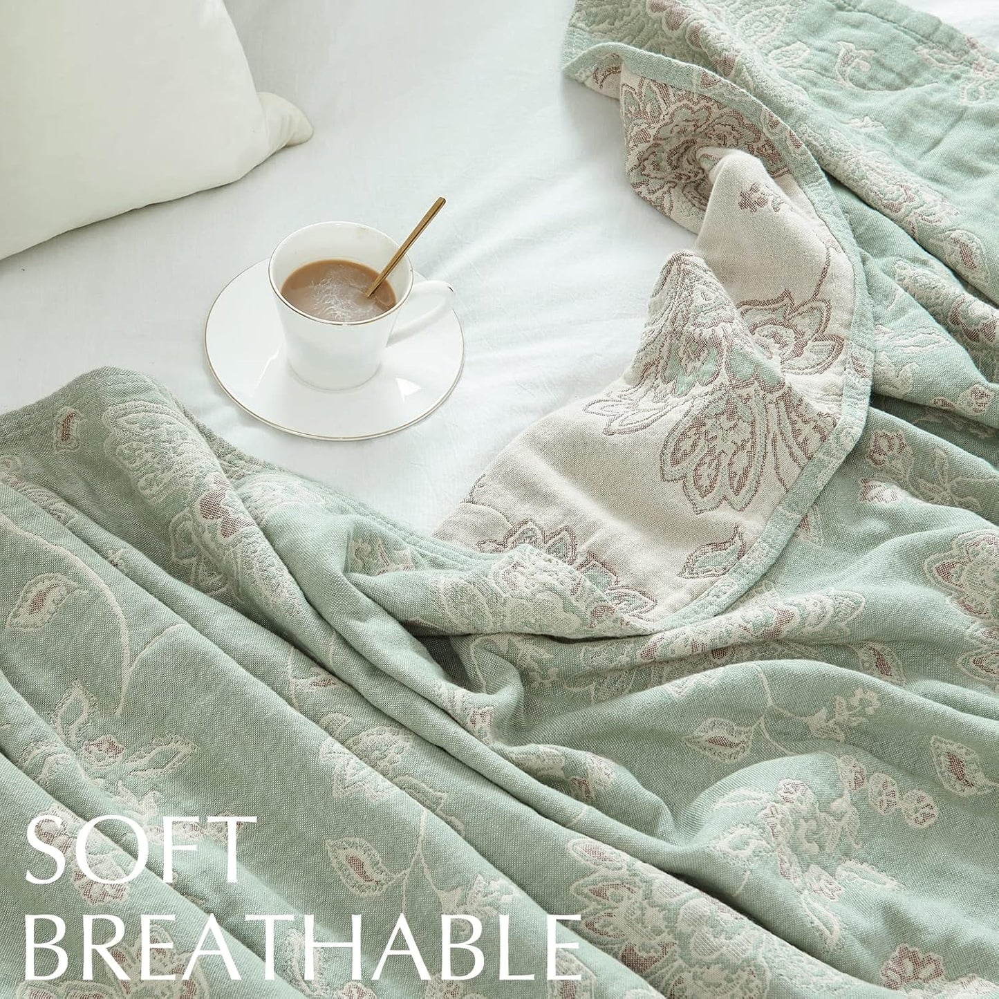 jinchan Boho 100% Cotton Muslin Twin Size 60x80 Inches Blanket Lightweight 4-Layer Quilted Soft Green and Beige Floral Throw Blanket Reversible Comfy Flower Breathable All Seasons Couch Bedroom Decor