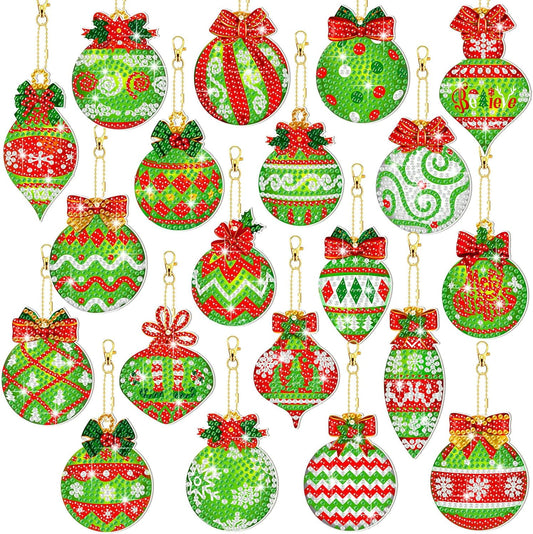 Tondiamo 20 Pcs Christmas Diamond Painting Keychain Kits 5D DIY Diamond Art Pendants Double Sided Hanging Key Chains for Christmas Party Decoration DIY(Green Balls)