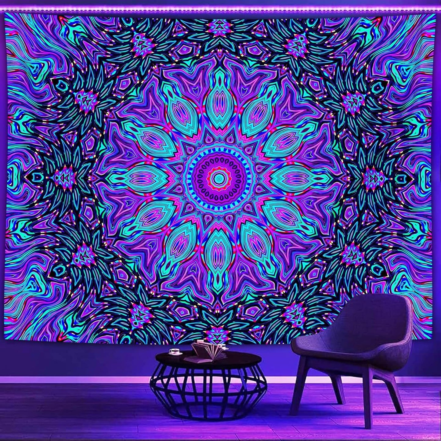 PSYHILAR Blacklight Mandala Tapestry for Bedroom, Psychedelic Black Light Posters for Adults and Teens, Neon UV Reactive Aesthetic Bohemian Art Wall Hanging Decor (90 x 70 Inches)
