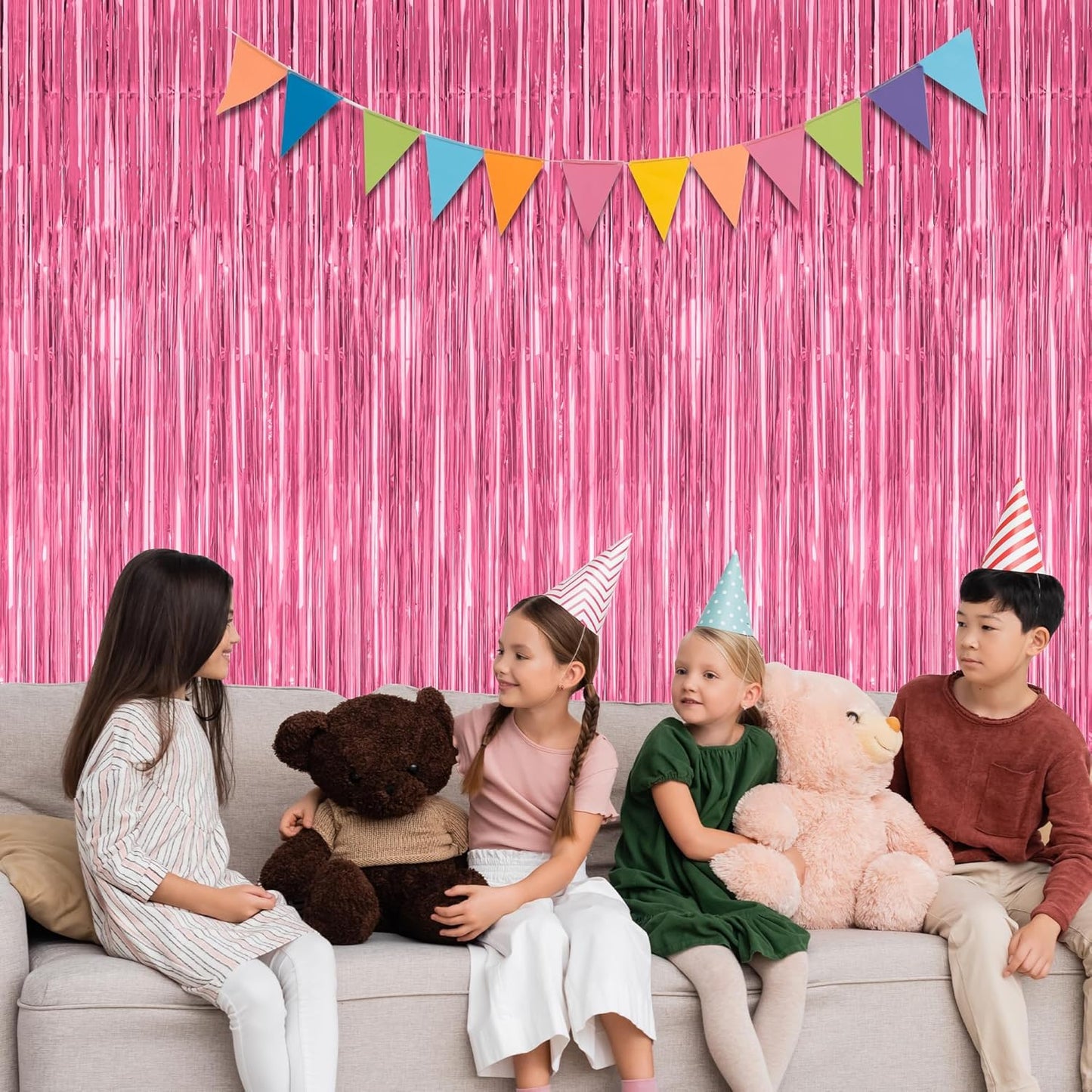 4 Pack Birthday Decorations, 3.28 FT x 7.05 FT Pink Backdrop, Metallic Happy Birthday Backdrop Fringe Curtains Party Streamer, Bachelorette Party Decorations Princes Birthday Party Decor