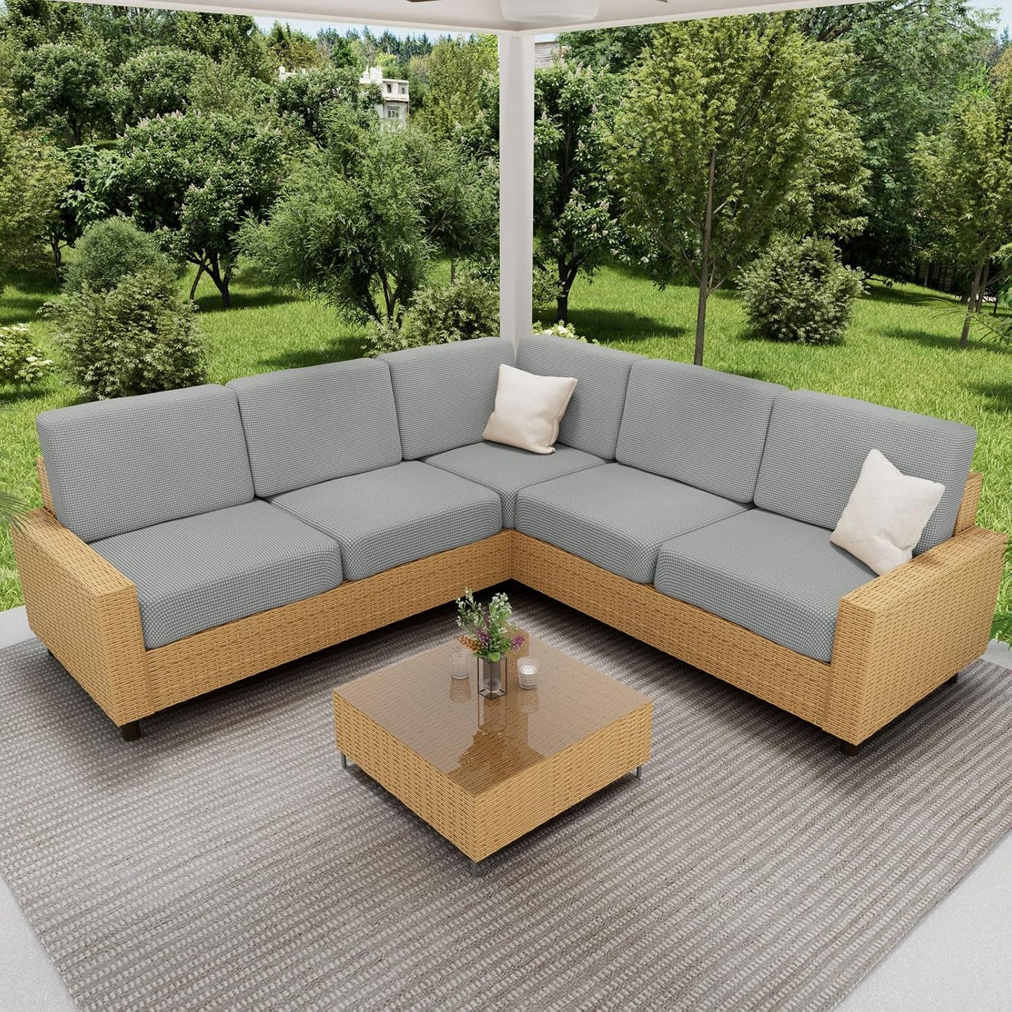 hyha Waterproof Couch Cushion Covers for Pets, Non Slip Sofa Seat Cover for Dogs Washable, Soft Thick Stretch Jacquard Fabric, Sofa Slipcovers with Elastic Bottom (1 Chaise+2 Seater, Light Grey)