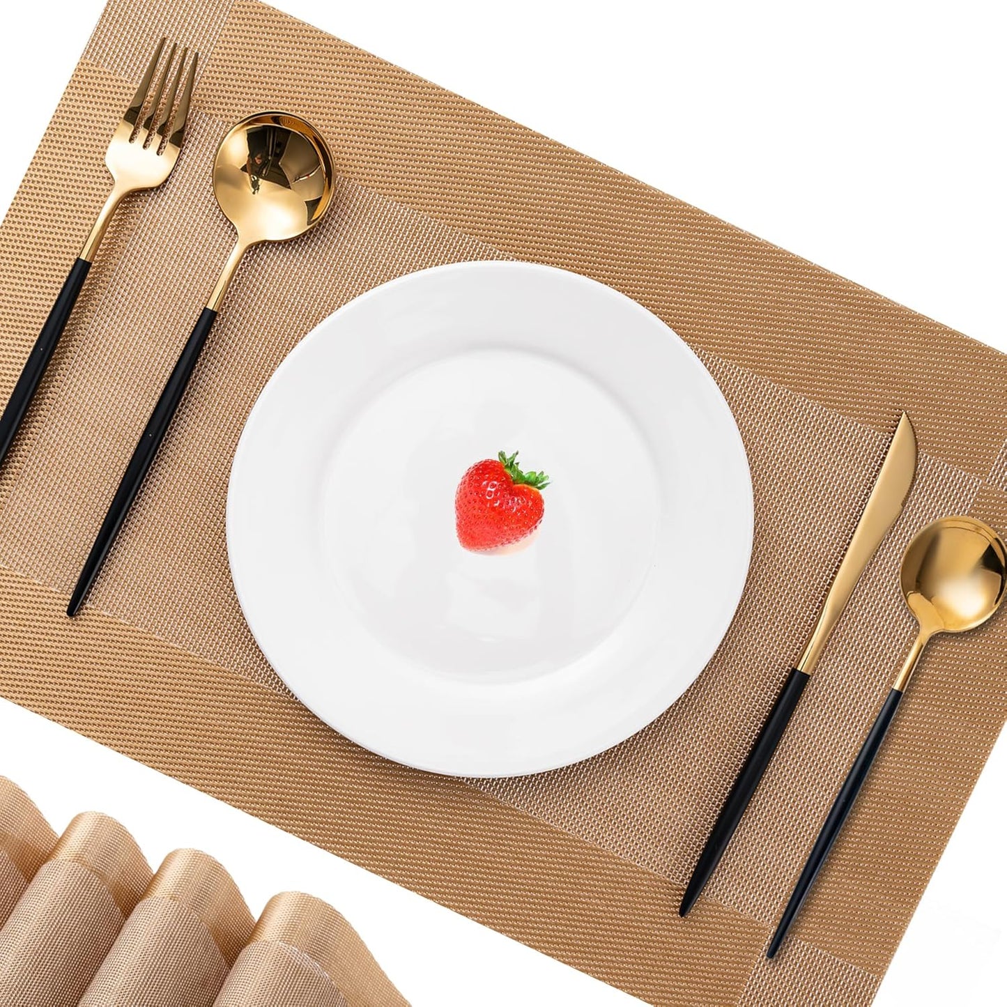 CADONO Placemats Set of 4 Washable Indoor/Outdoor Vinyl Place Mats for Dining Table Durable Non-Slip Heat Resistant PVC Weave Table Mats（Gold Cube）