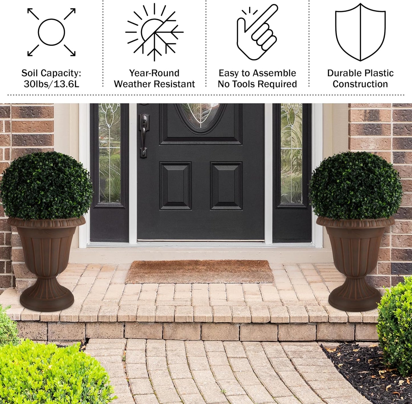 Pure Garden Outdoor Planter 2-Pack - 16x18-Inch Urn Planters - Plastic Plant Pots for Indoor, Outdoor, or Front Porch Decor - Flower Pots (Brown)