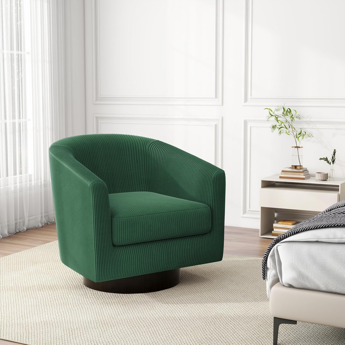Swivel Barrel Accent Chair, Modern Round Corduroy Fabric Arm Chair for Living Room, Bedroom, Comfy Club Reading Chairs for Adults, Corduroy Dark Green