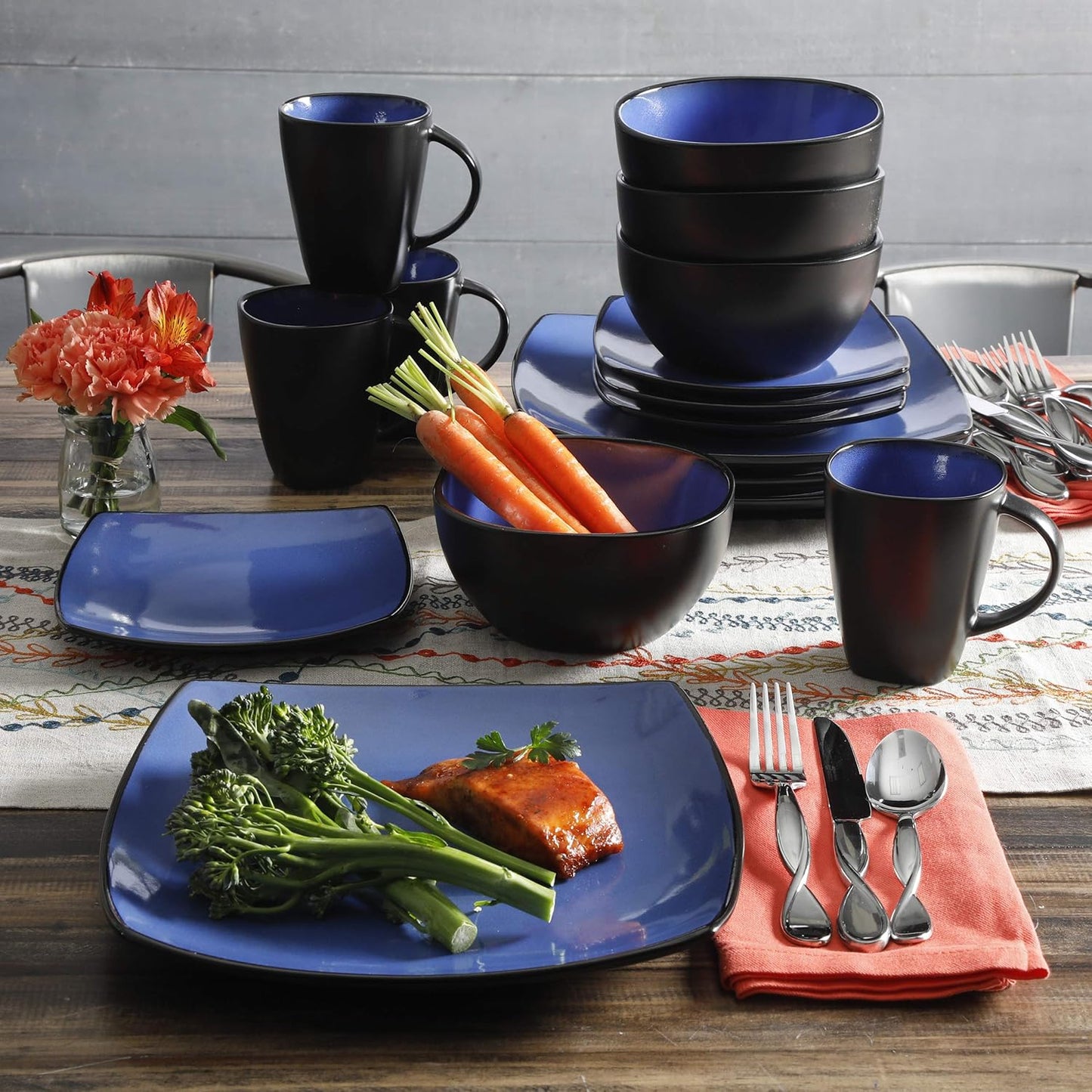 Gibson Elite Soho Lounge Square Reactive Glaze Stoneware Dinnerware Set, Service for 4 (16pc), Sapphire