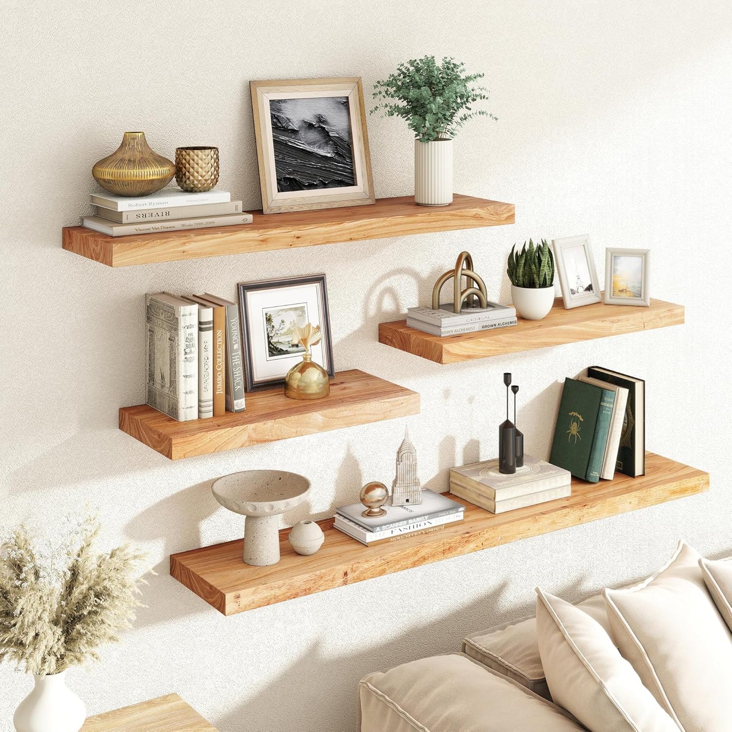 RICHFOCUS Elm Floating Shelves for Wall - 55" W x 9.3" D Rustic Solid Wood Shelves with Invisible Bracket, Wall-Mounted for Living Room, Bedroom, Kitchen Storage & Display, Set of 1, Natural