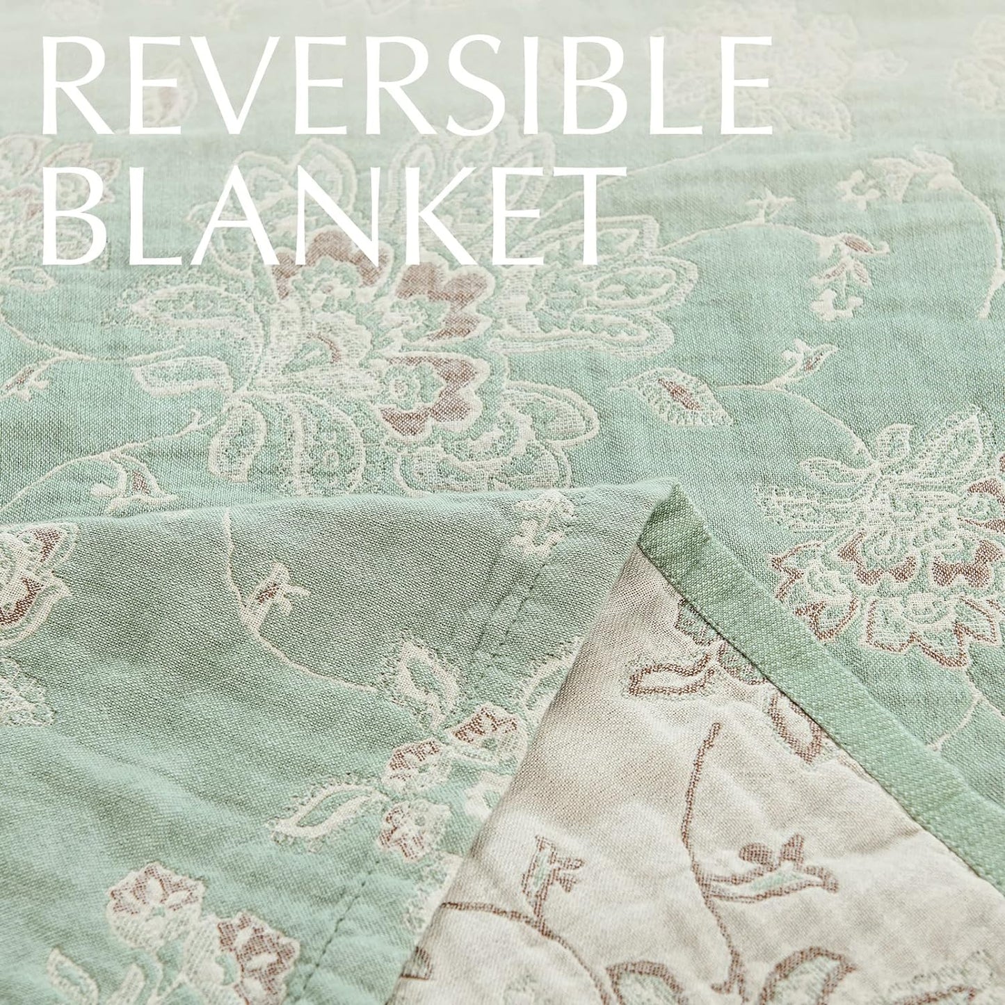 jinchan Boho 100% Cotton Muslin Twin Size 50x60 Inches Blanket Lightweight 4-Layer Quilted Soft Green and Beige Floral Throw Blanket Reversible Comfy Flower Breathable All Seasons Couch Bedroom Decor