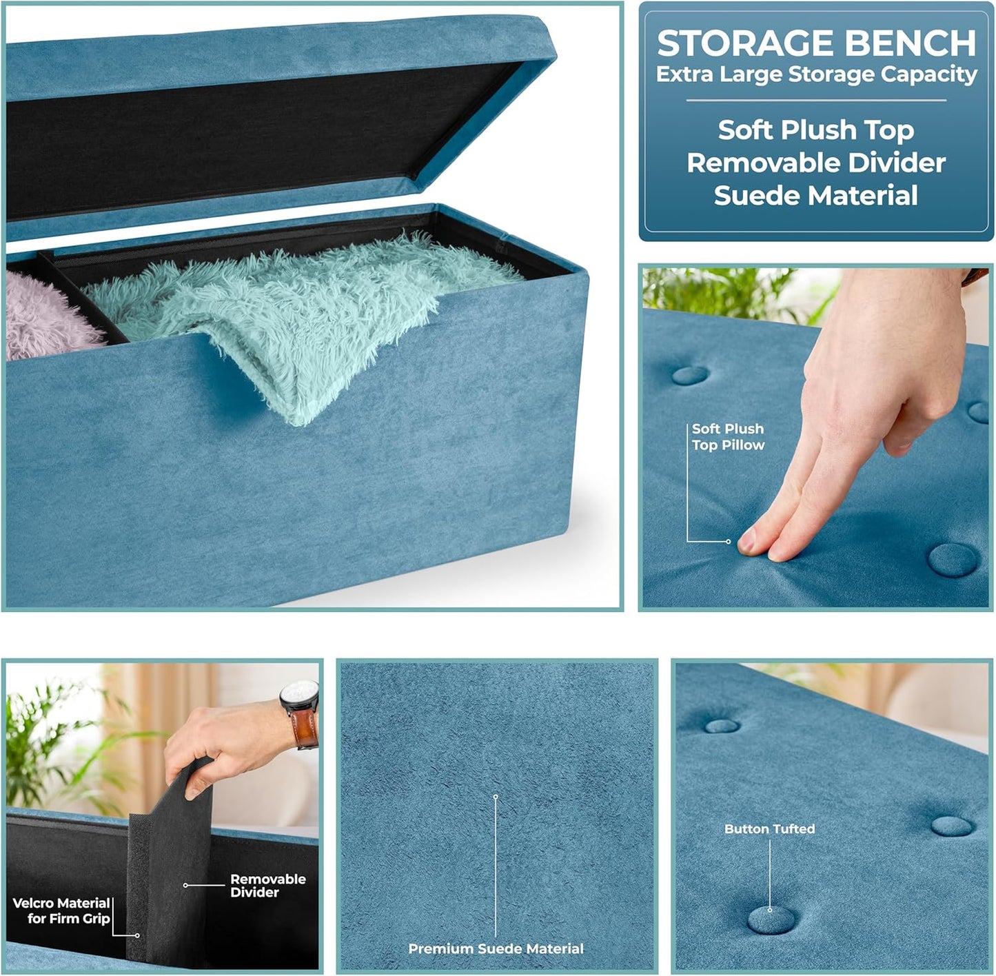 Sorbus Storage Ottoman Bench – Collapsible/Folding Bench Chest with Cover – Perfect Toy and Shoe Chest, Hope Chest, Pouffe Ottoman, Seat, Foot Rest, – Contemporary Faux Suede (Teal)