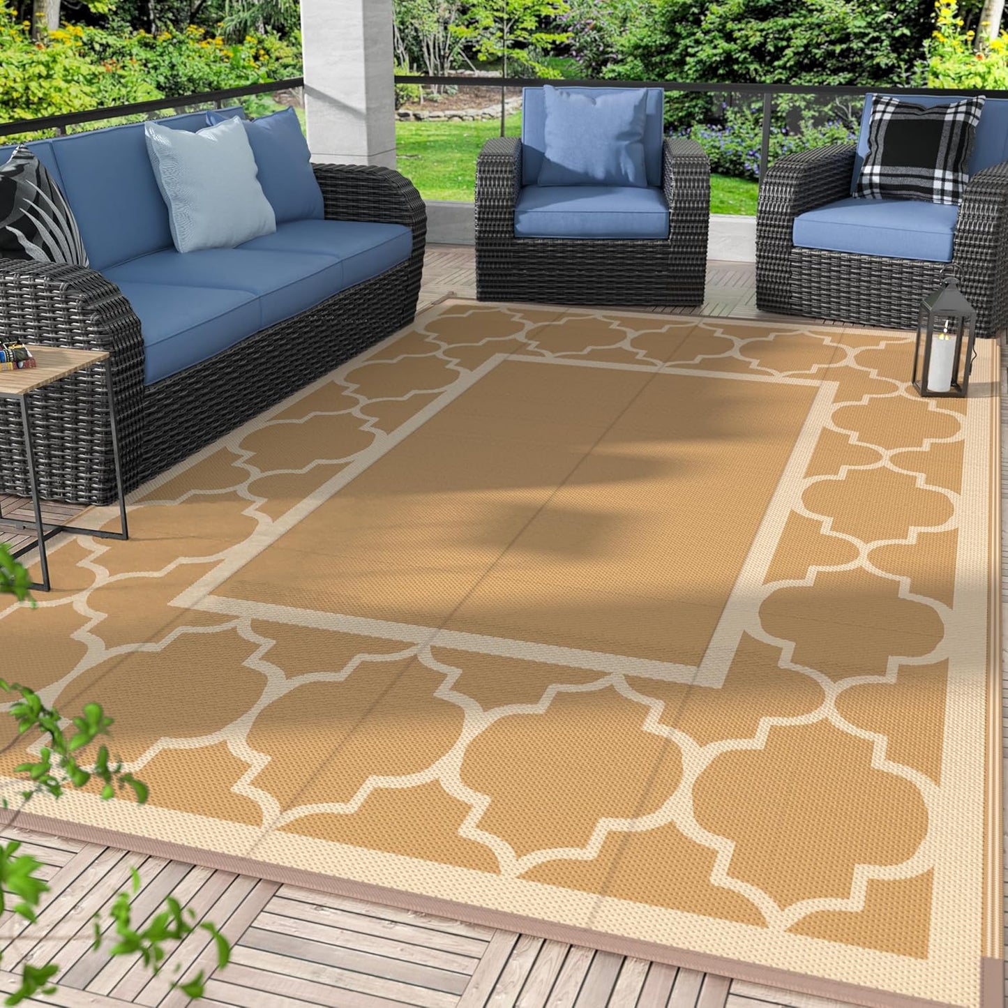 GENIMO 9' x 12' Outdoor Rug for Patio Clearance, Waterproof Indoor Outdoor Plastic Straw Rugs Carpet, Reversible Outside Area Rv Mat for Camping, Balcony Porch, Deck, Picnic, Beach (Brown & Beige)