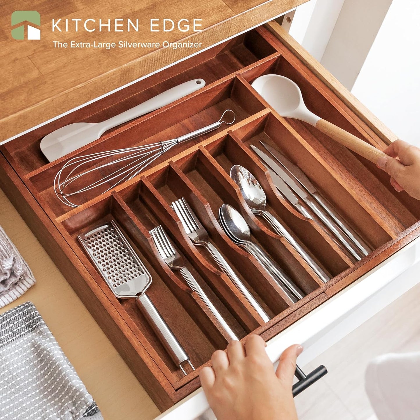 Premium Silverware, Flatware and Utensil Organizer for Kitchen Drawers, Food-Safe Contract Grade, Expandable from 18 to 33 In, Natural Acacia