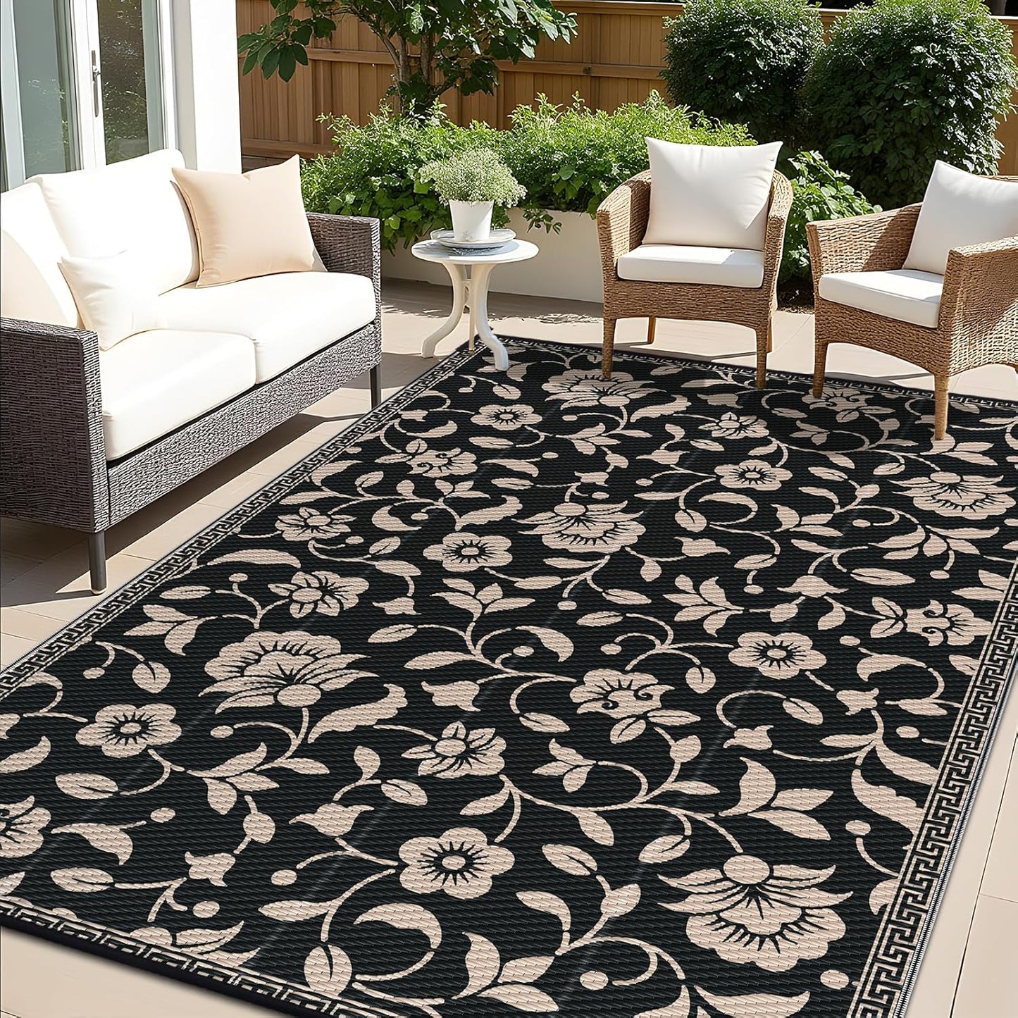 OLANLY Waterproof Outdoor Rug 8x10 ft, Outdoor Plastic Straw Rug with Flower Pattern, Reversible RV Mat for Patio, Camping, Balcony, Deck, Backyard, Black & Beige