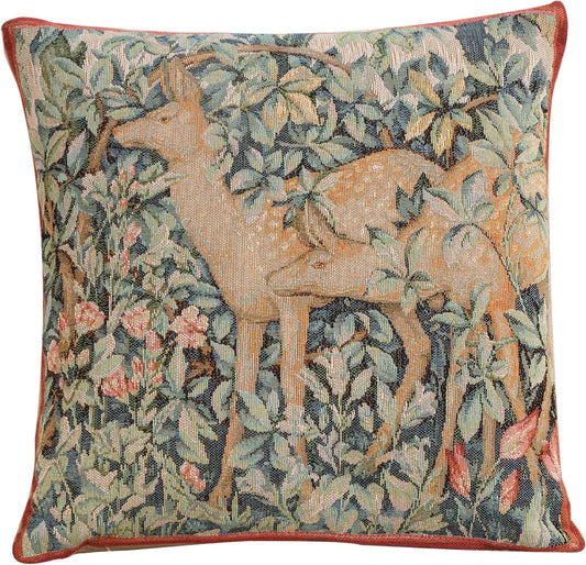 Charlotte Home Furnishings Decorative Tapestry Pillow Cover 14x14 in, Green Two Does Couch Throw Pillow Cover, French Country Square Cushion Cases for Bed Room Home Decor, Soft Cotton Jacquard Woven