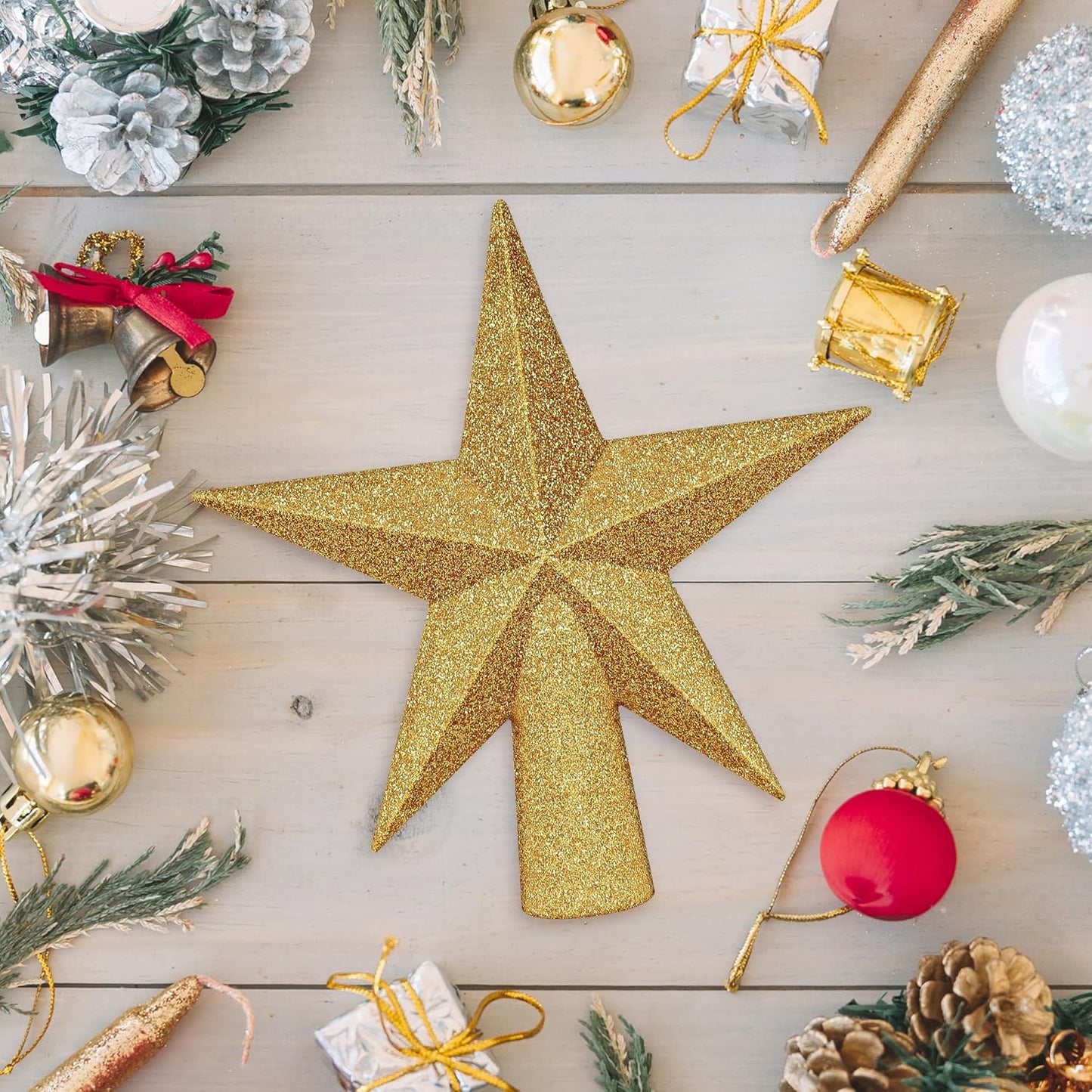 Christmas Tree Topper, 1PCS 6" Gold Glitter Star Tree Topper, 3D Xmas Shatter-Proof Mini Bethlehem Star Tree Topper Decorations, Waterproof Christmas Decor for Holiday Home Outdoor Ornament