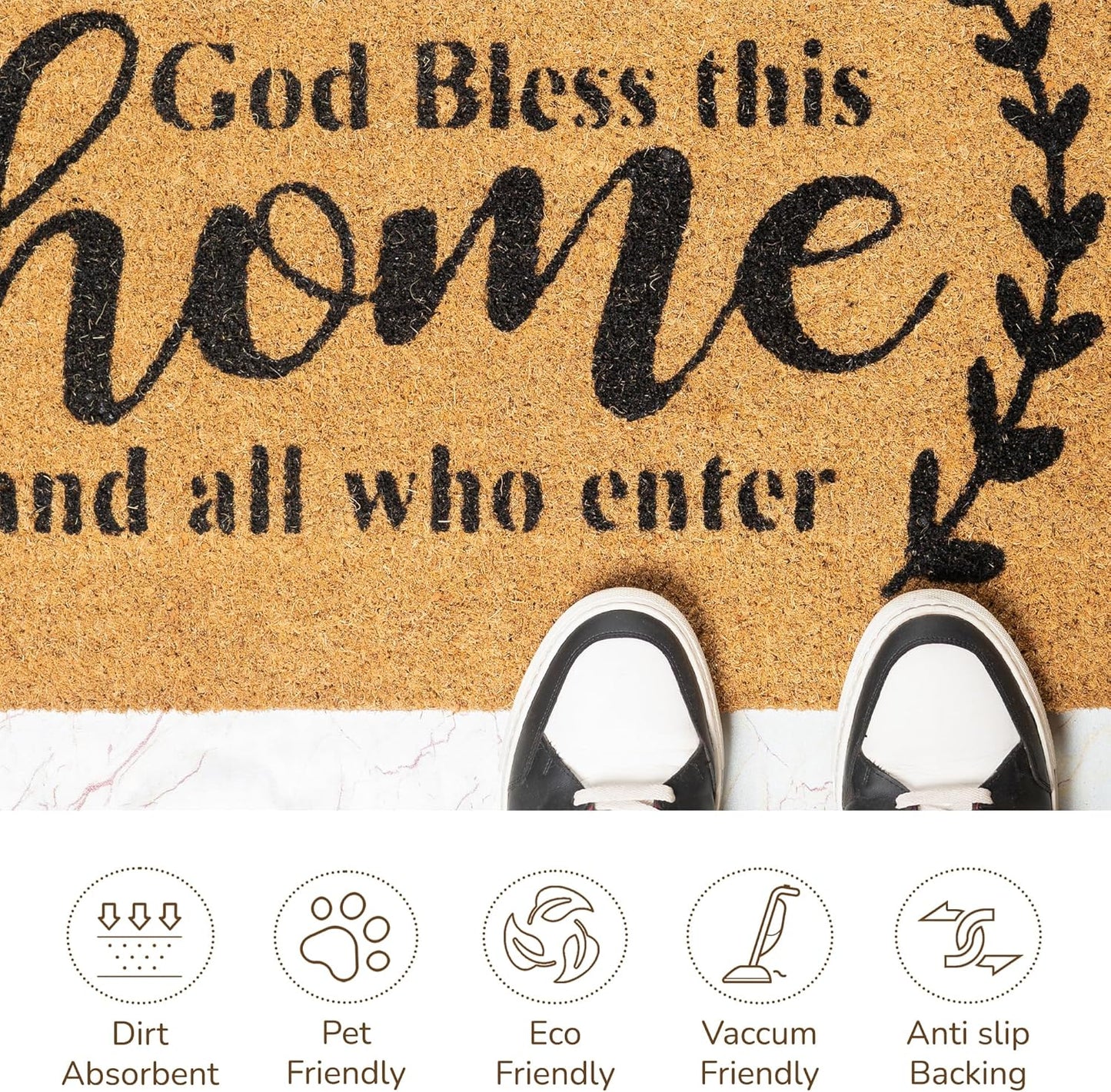 Welcome Doormats, Natural Coco Coir Mats with Non-Slip PVC Backing, Indoor Outdoor Mats for Home & Office, Mats for Door with God Bless This Home Print, Beige & Black, 30"x17"