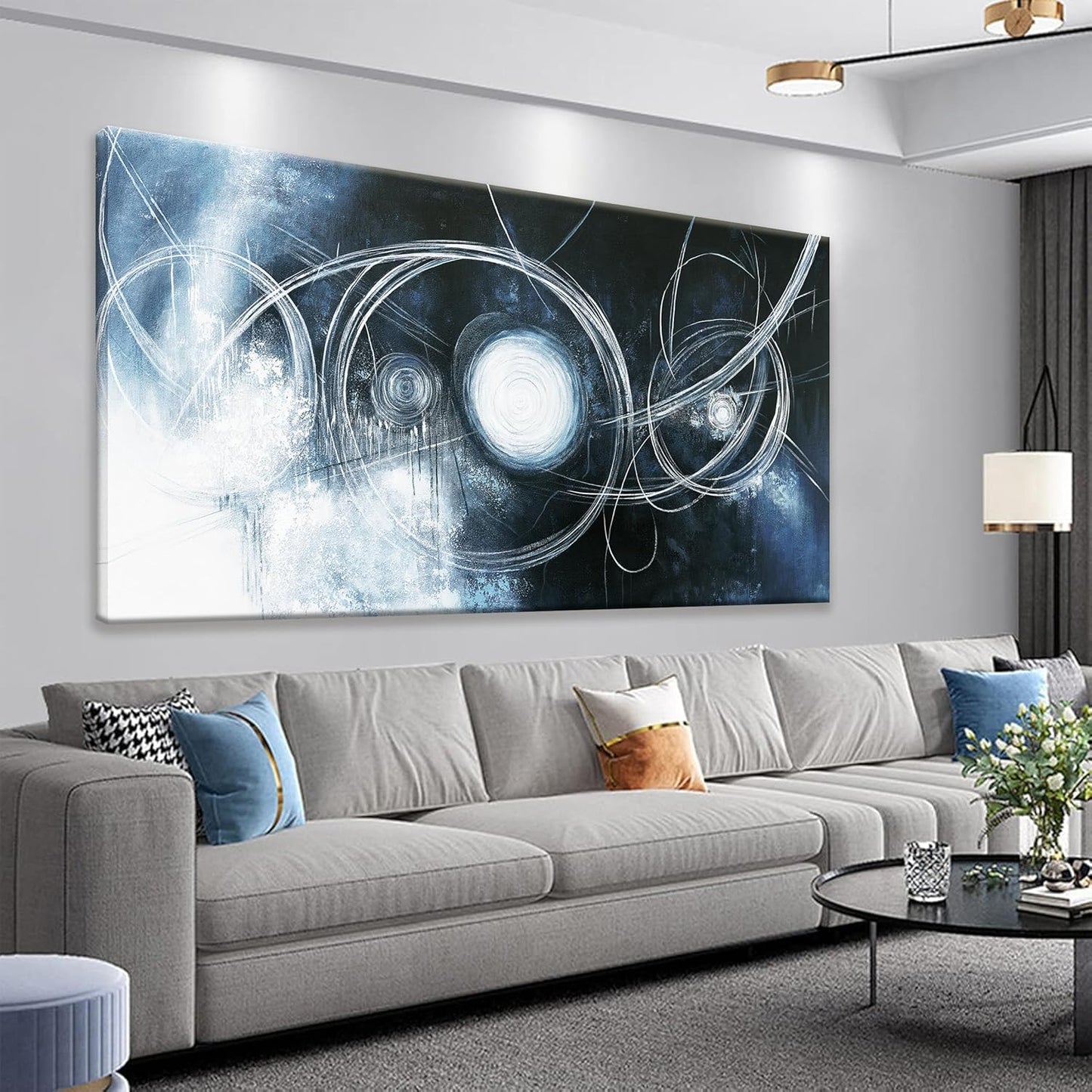 TAIJXAGSG Large Abstract Wall Art For Living Room Modern Dark Blue Wall Canvas Decorations White Line Canvas Wall Art Decor Prints Artwork Bedroom Kitchen Office Home Wall Artwork 29"×58"