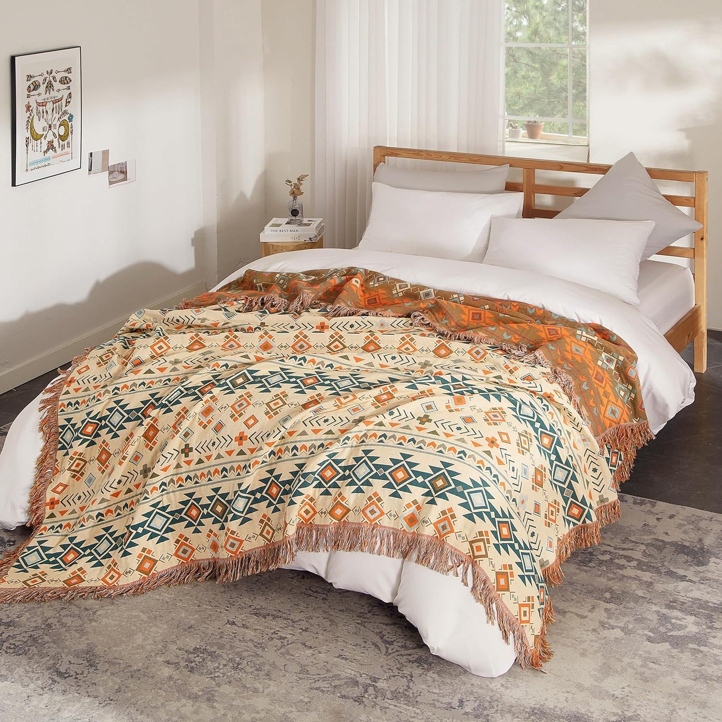Boho Throw Blanket for Bed 80”x90”, 100% Cotton Woven Blanket for Couch Sofa, Ultra Soft 4-Layer Muslin Quilt with Diamond Pattern, Farmhouse Bed Blanket/Cover for Living Room Decor