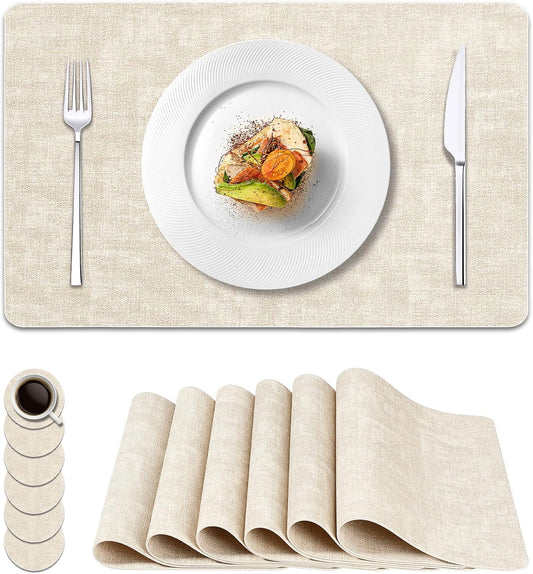Vinyl Placemats Set of 6, Faux Leather Waterproof and Heat Resistant Place Mats, Washable Anti-Slip Table Mats with Coaster, Wipeable Placemats for Indoor & Outdoor 17" x 12" (Beige, Set of 6)