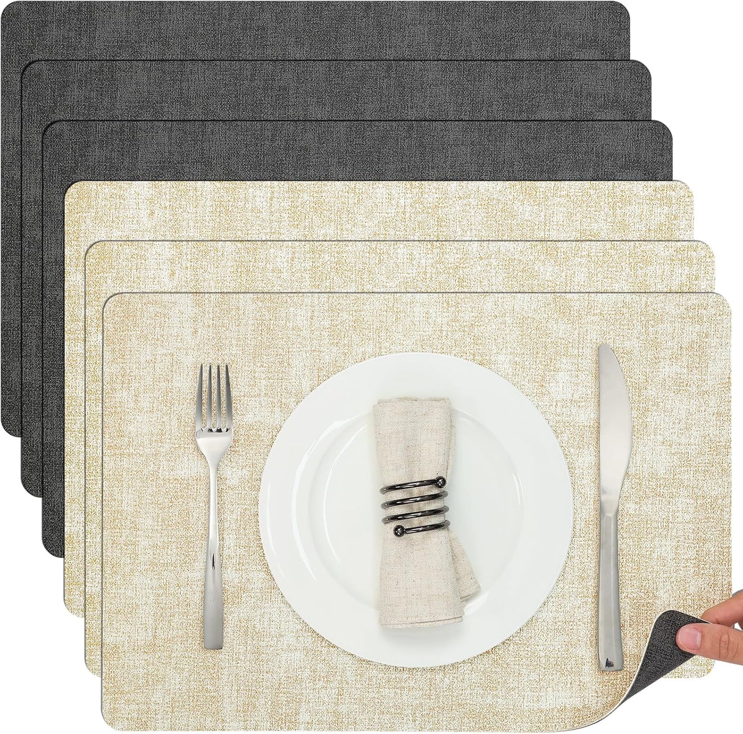 Myir JUN Dual Sided Faux Leather Placemats Set of 6 Indoor/Outdoor Square Non-Slip Washable Table Mats (Gray Cream-White)