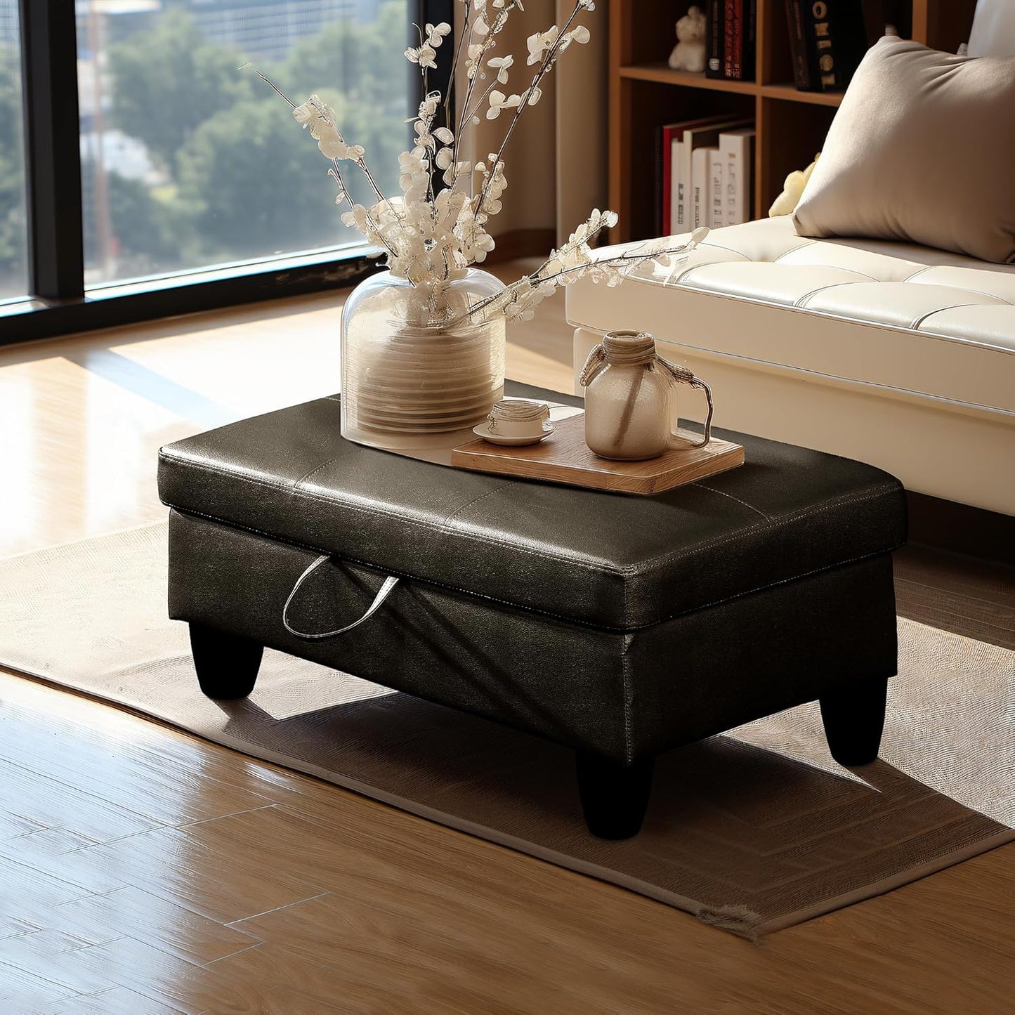 Ottoman Rectangular Storage Ottoman Bench, Faux Leather Footrest, Coffee Table, Stool Footstool with Hinged Lid for Living Room, Bedroom, Entryway, Black, 28.5"x19"x17.5"