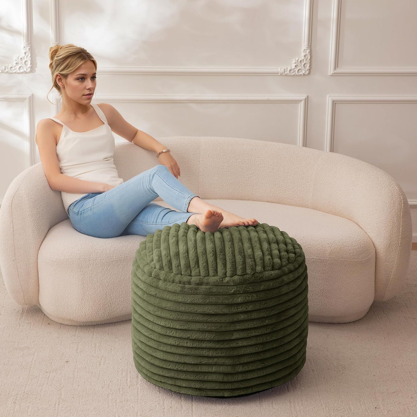 HIGOGOGO Round Stuffed Pouf Ottoman, Stripe Faux Fur Poufs with Foam Chunk Filling, Furry and Fluffy Pouf Foot Stool Storage Ottoman, 26 X 18 Floor Poufs Foot Rest for Living Room, Green