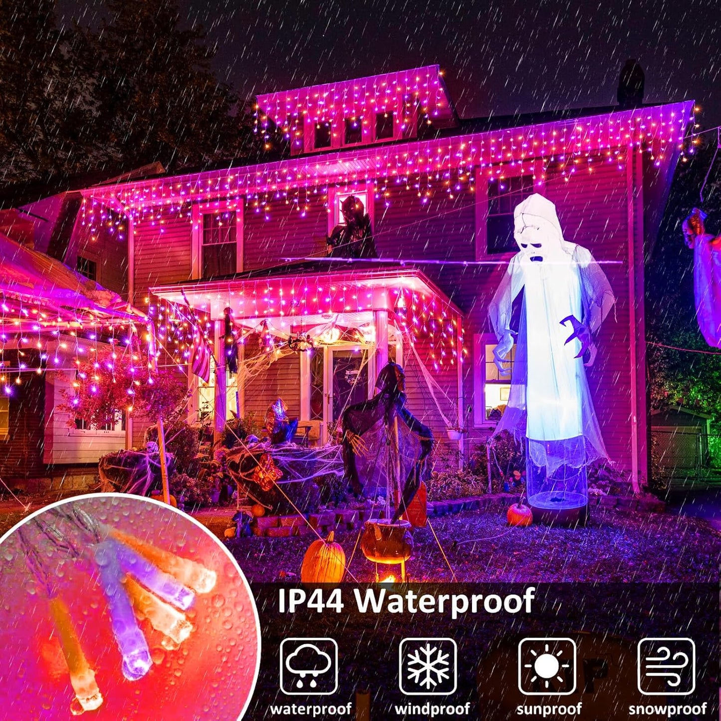 Halloween Icicle Lights, 66FT 640 LED Purple & Orange Icicle Lights for Outside with 8 Modes 120 Drops, Waterproof Plug in String Light for Indoor Outdoor House Yard Patio Party Holiday Decorations