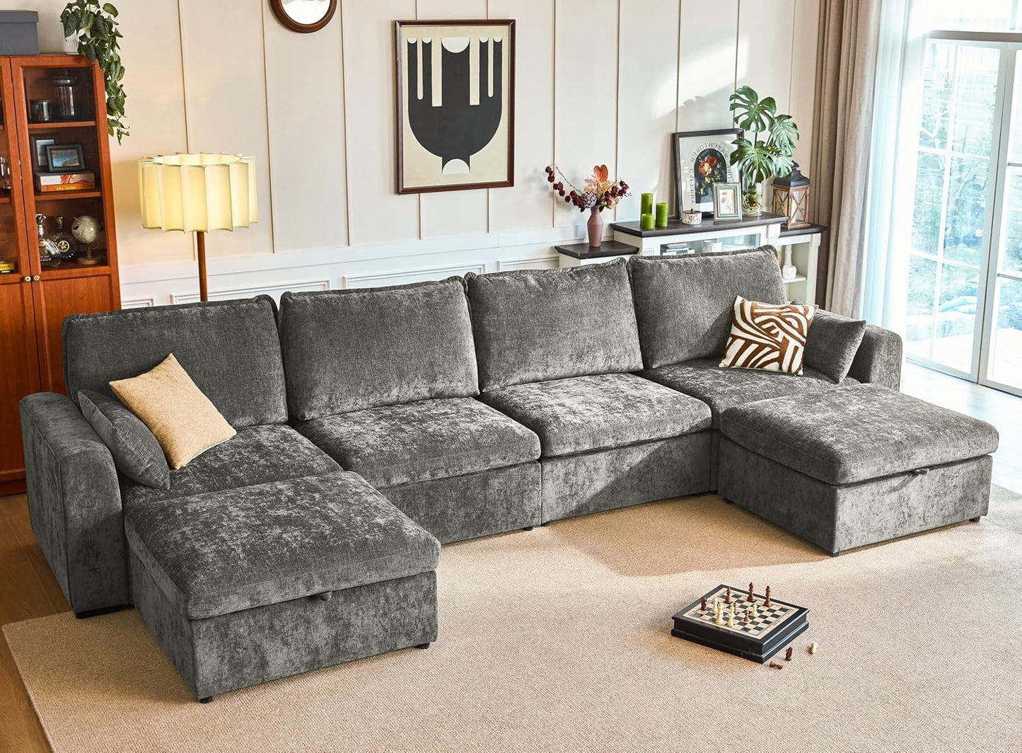 Oversized Modular Sofa Comfy Cloud Couch with Storage, Extra Deep Plush Sectional Sofa Set for Living Room, Covers Washable, Chenille, Olar (Grey, 6-Seater with 2 Ottomans, u-Shaped)