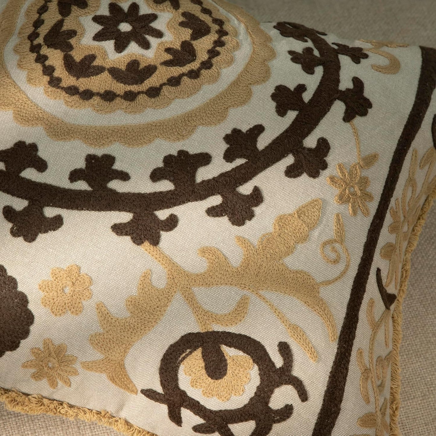 Embroidered Floral Mandala Vintage Indian Cotton Decorative Embroidery Throw Pillow Covers, Fringes Lace Cushion Cover, Pillow Case for Sofa Couch Bed Chair 18" x 18"