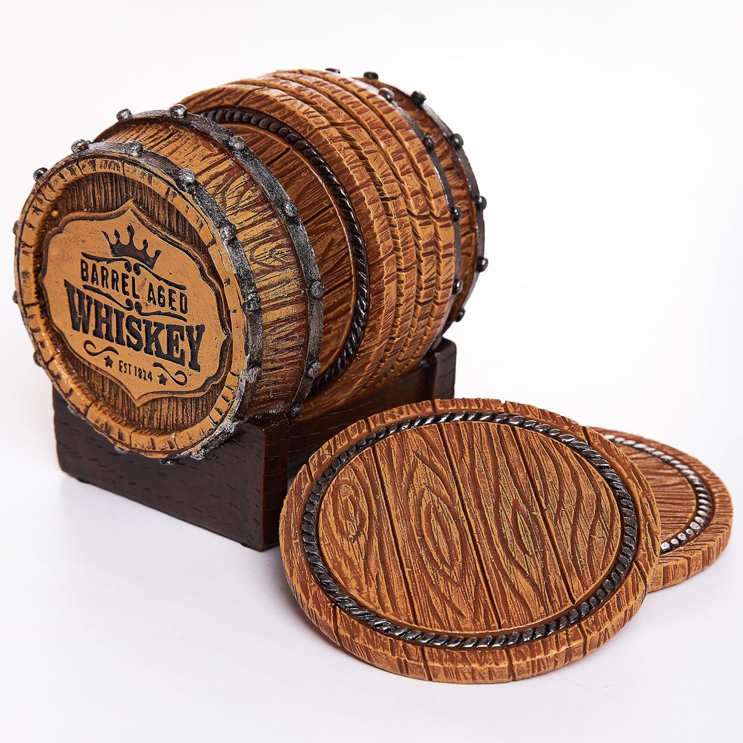 Cabin Obsession Whiskey Barrel Coaster Set – Handcrafted Whiskey Barrel Decor for Whiskey Lovers and Man Cave Gifts for Men - 6 Full Size Whiskey Coasters with Barrel Style Holder for Man Cave Décor