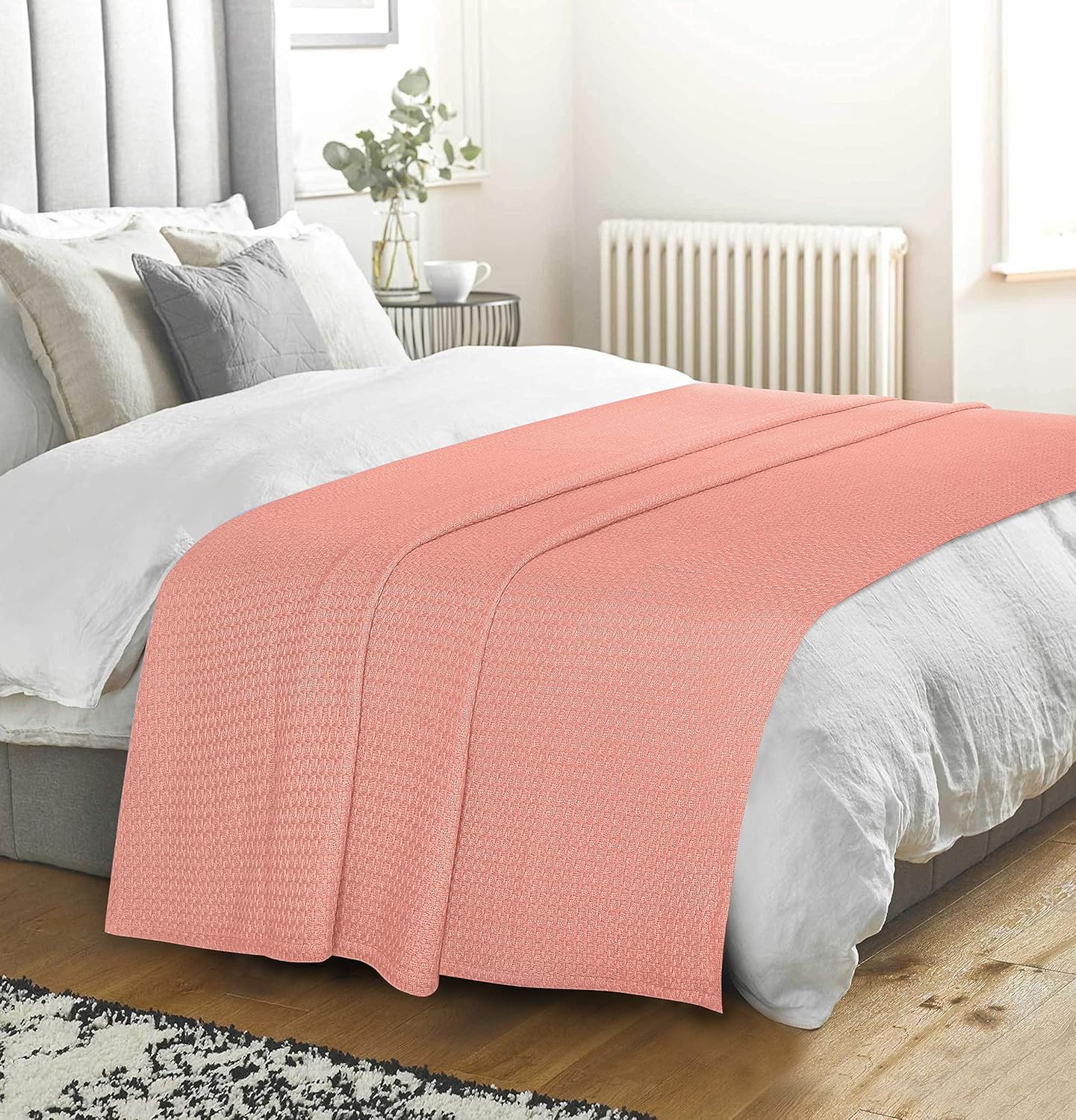 BELIZZI HOME 100% Cotton Bed Blanket, Breathable Bed Blanket King Size, Cotton Thermal Blankets King, Perfect for Layering Any Bed for All Season, Peach