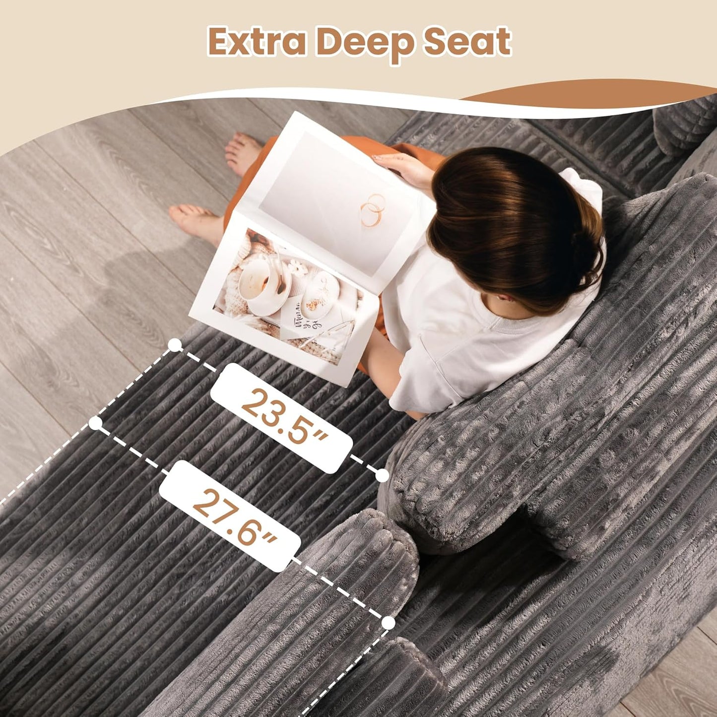 HOOOWOOO Cloud Sectional Couches for Living Room,Modular Sectional Sofa No Assembly,136X108 Inch Plush Corduroy Large U Shaped Floor Couch Set with Deep Seat Ottoman(Gray)