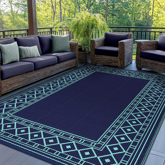 GENIMO Outdoor Rug Waterproof 6'x9' for Patio, Foldable Reversible Plastic Straw Carpet, Outside Area Mat for Patios, Rv, Deck, Picnic, Porch, Camper, Balcony, Beach, Navy Blue & Jade Green