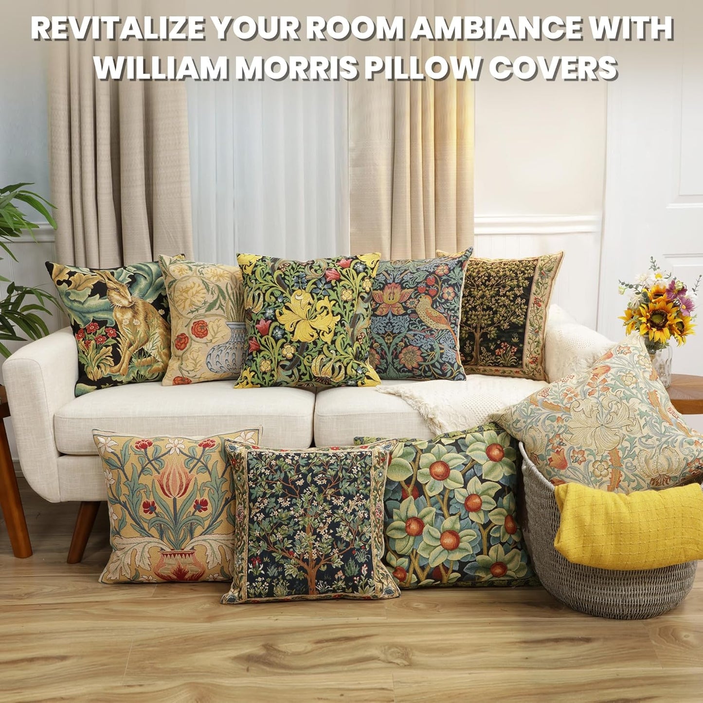 Charlotte Home Furnishings Throw Pillow Covers, Decorative Boho Pillow Covers for Couch, Living Room, Yellow Rose Square Cushion Cases 18x18 in, European Cotton Jacquard Woven for Cozy Bedroom Decor