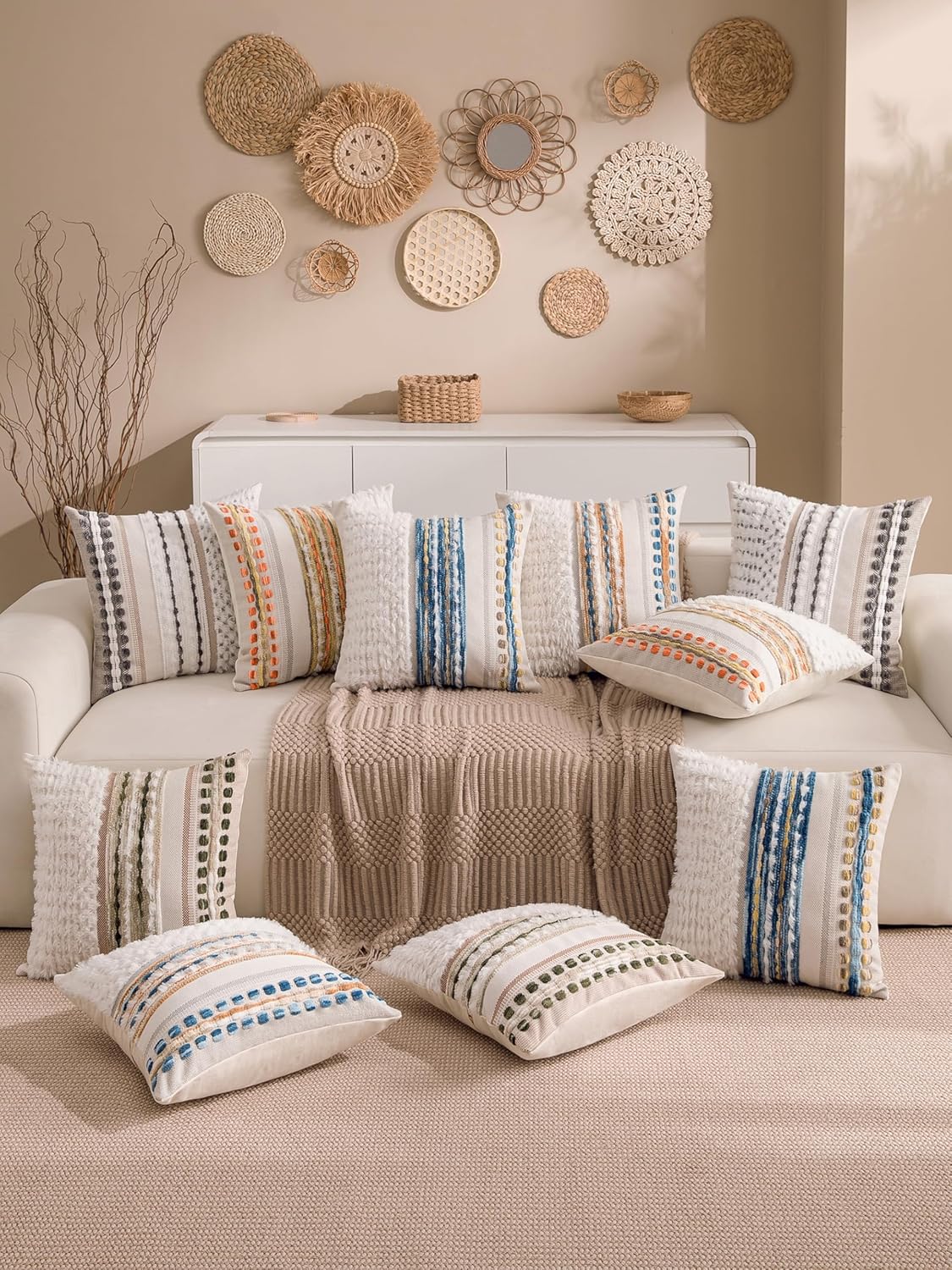 Boho Chenille Tufted Couch Throw Pillow Covers 18x18 Inch Set of 2 Farmhouse Striped Decorative Pillow Covers Accent Neutral Square Pillowcase Grey Cushion Covers for Livingroom Sofa Bed