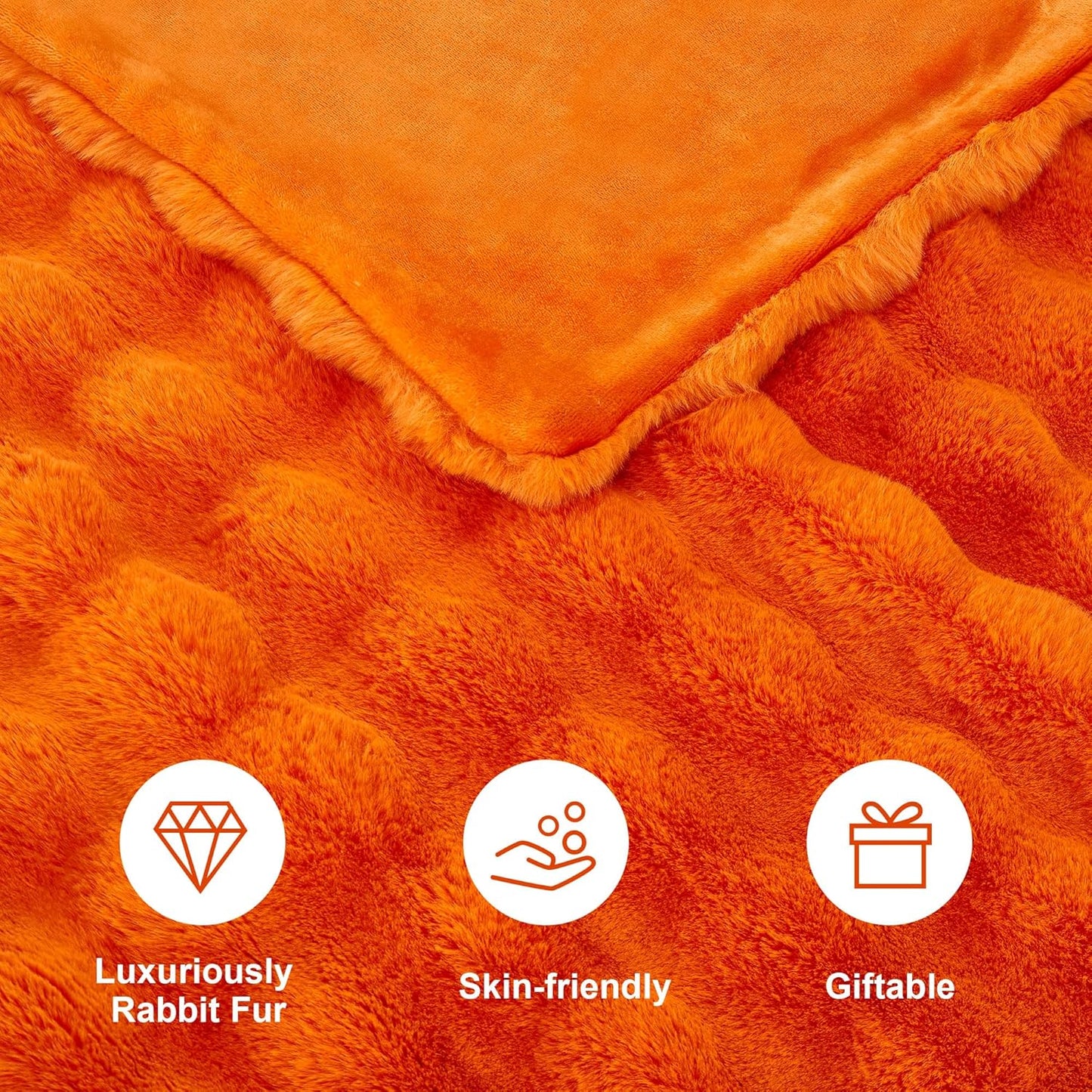 DREAMNINE Large Fuzzy Soft Fall Bubble Faux Rabbit Fur Blanket Full Size 70" x 80", Luxury Big Autumn Plush Fluffy Blankets for Bed, Cute Lovely Cozy Thick Warm Furry Blanket for Winter,Pumpkin Orange