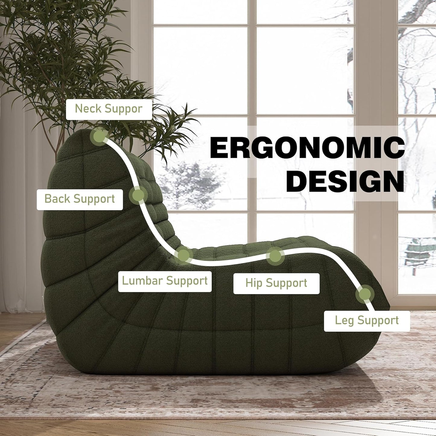 Bean Bag Chair, Loveseat Fireside Chair Bean Bag Sofa Large Bean Bag Chair for Adults, 2 Seater Bean Bag Chairs for Teens with High Density Comfortable Foam, Bean Bag for Living Room, Bedroom (Green)