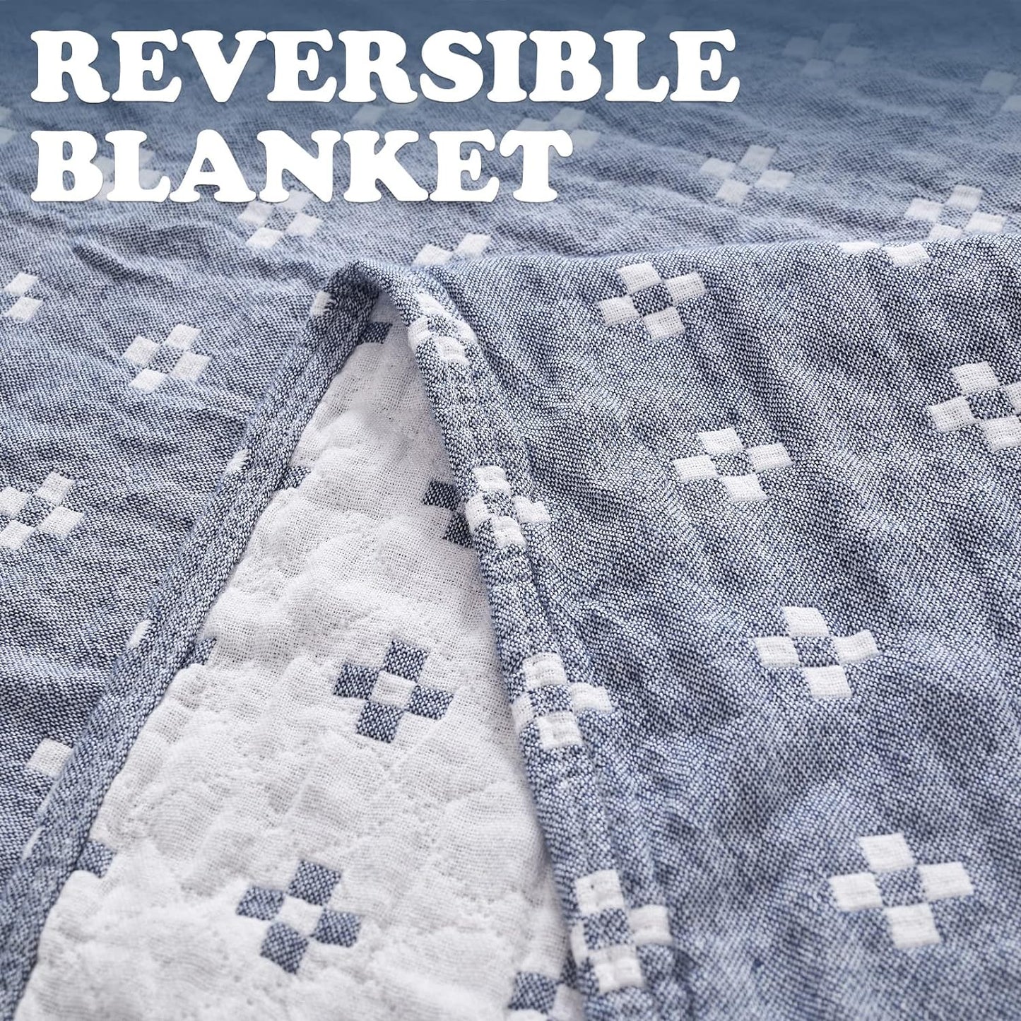 jinchan Boho 100% Cotton Blanket Muslin 50x60 Inches Lightweight 3-Layer Geometric Cross Pattern Reversible Quilt Throw Soft Breathable Comfy All Seasons for Couch Bed Decor, Blue