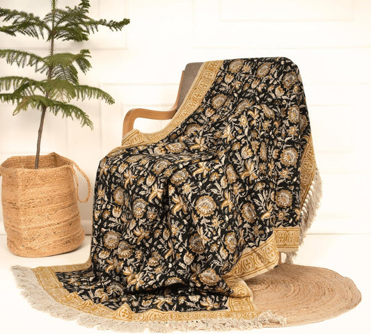 Bohemian Floral Cotton Throw Blanket with Tassels | 48x70 Inch Handblock Printed Sofa Throw | Black & Gold Decorative Bed Cover | Lightweight Couch Throw for Living Room & Bedroom