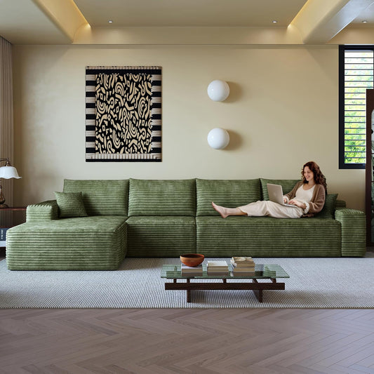 108" Sectional Couches for Living Room Modern Modular Sofa with L-Shape Couchs Upholstered Boneless Couch Deep Seat Sectional Couch with Chaise (Green, Left Facing Chaise+3Seaters)