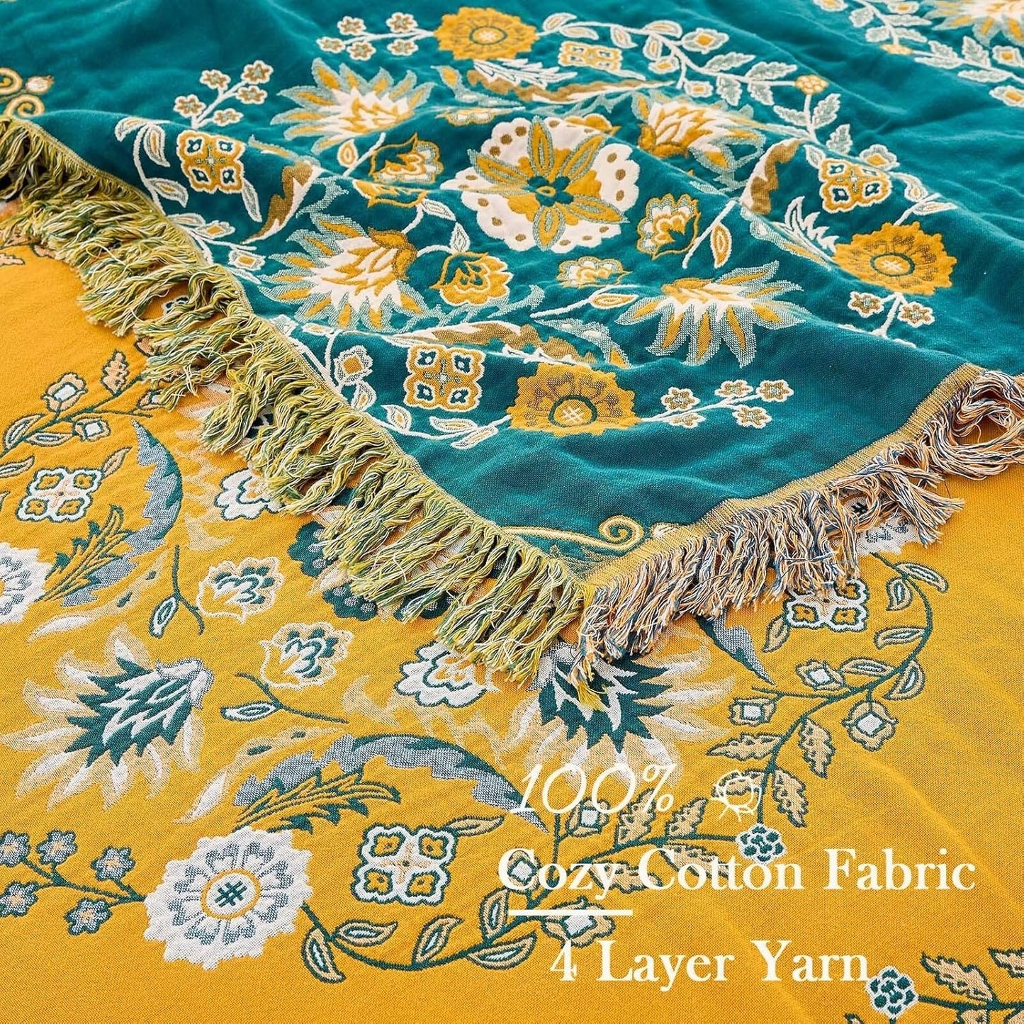 Boho Throw Blanket, 100% Cotton Ultra Soft Luxury Throw Rustic Quilt, Floral Printed Farmhouse Decor Bed Summer Blankets, All Season Rustic Reversible Bohemian Throw for Bed (90"x98" Yellow