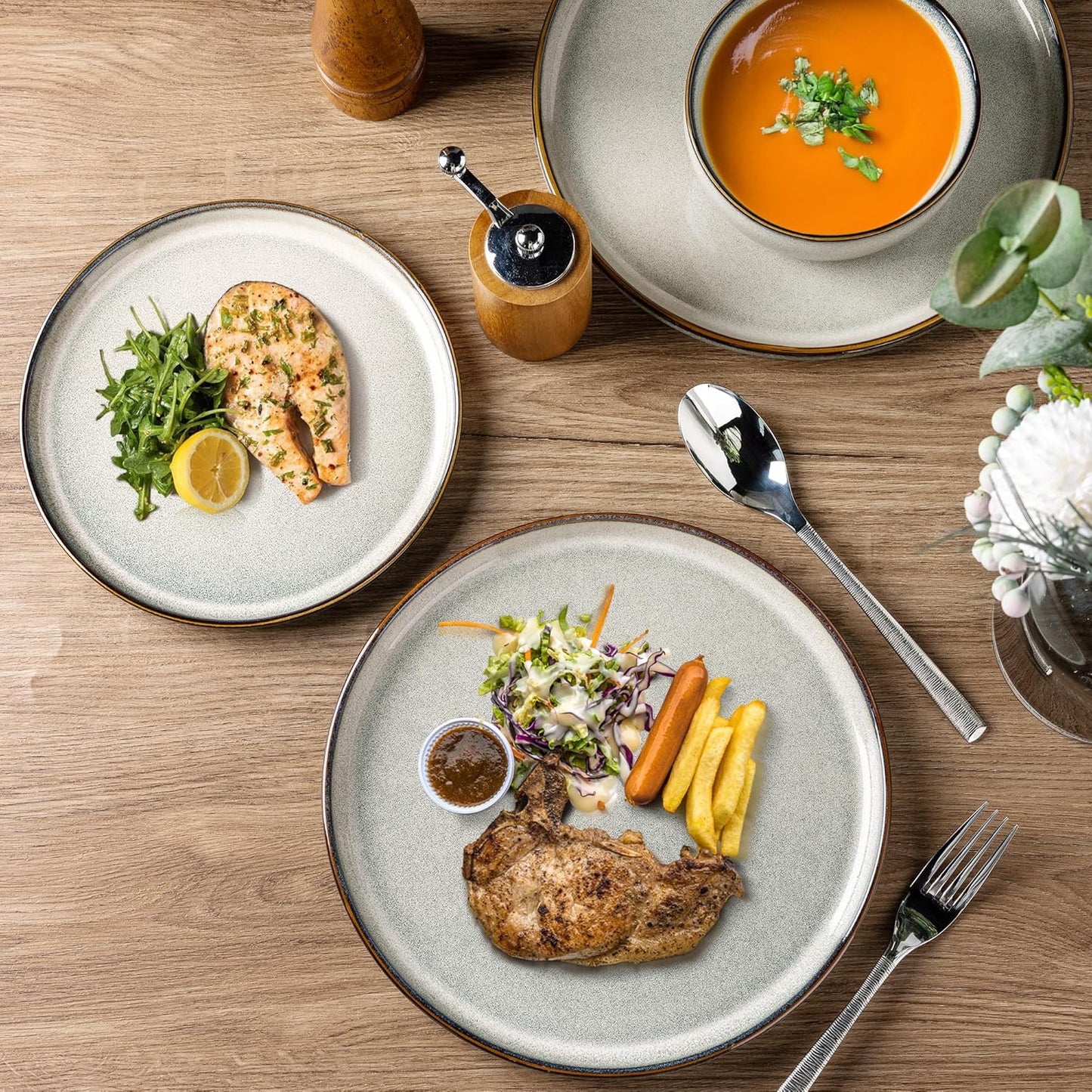 GBHOME Ceramic Dinnerware Sets for 6, 18 Pieces Stoneware Plates and Bowls Sets, Reactive Glaze Dishes -Scratch Resistant, Dishwasher&Microwave Safe, Green Wheat