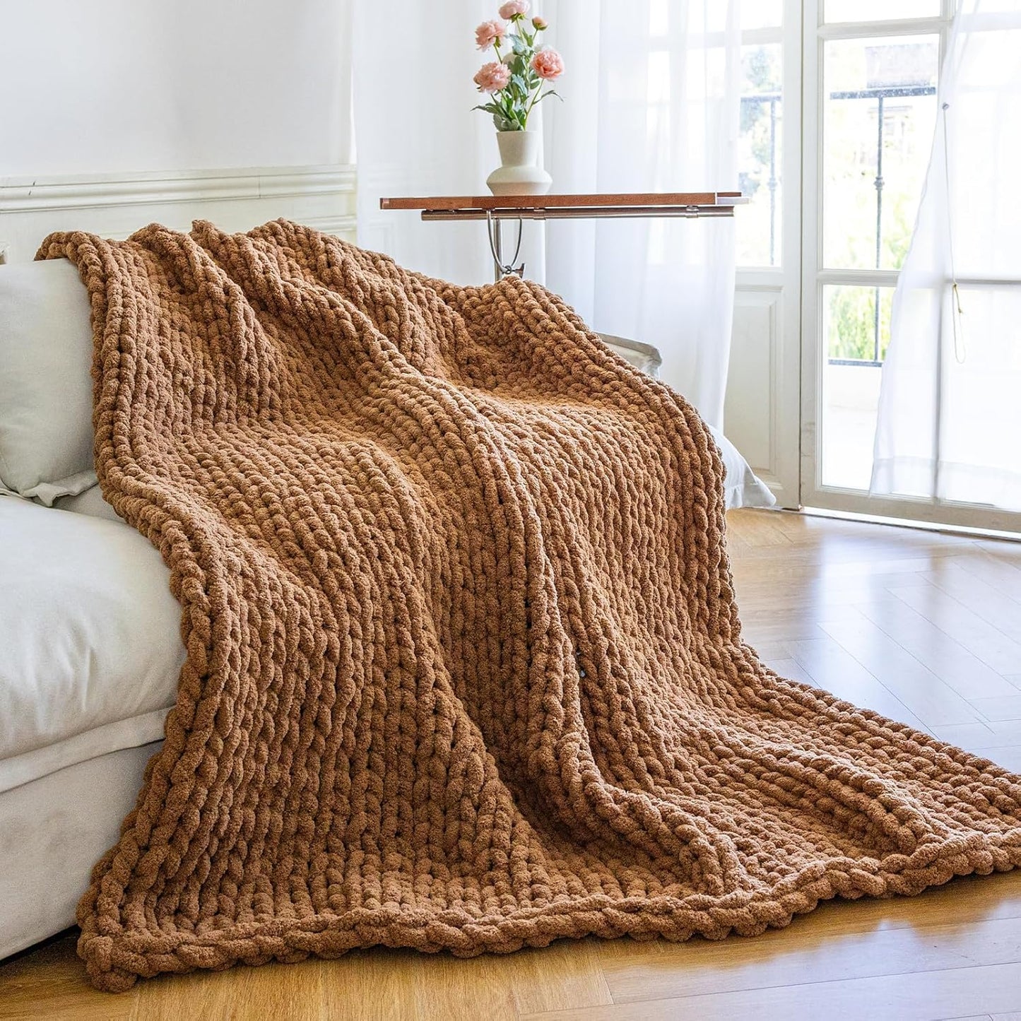 Chunky Knit Blanket - Luxury Soft Cozy Extra Large Size (80 * 90) Throw Blanket,100% Woven Blanket Rope Knot Throw Blanket for Couch, Sofa, Home Decor, Gift - Machine Washable（Brown）